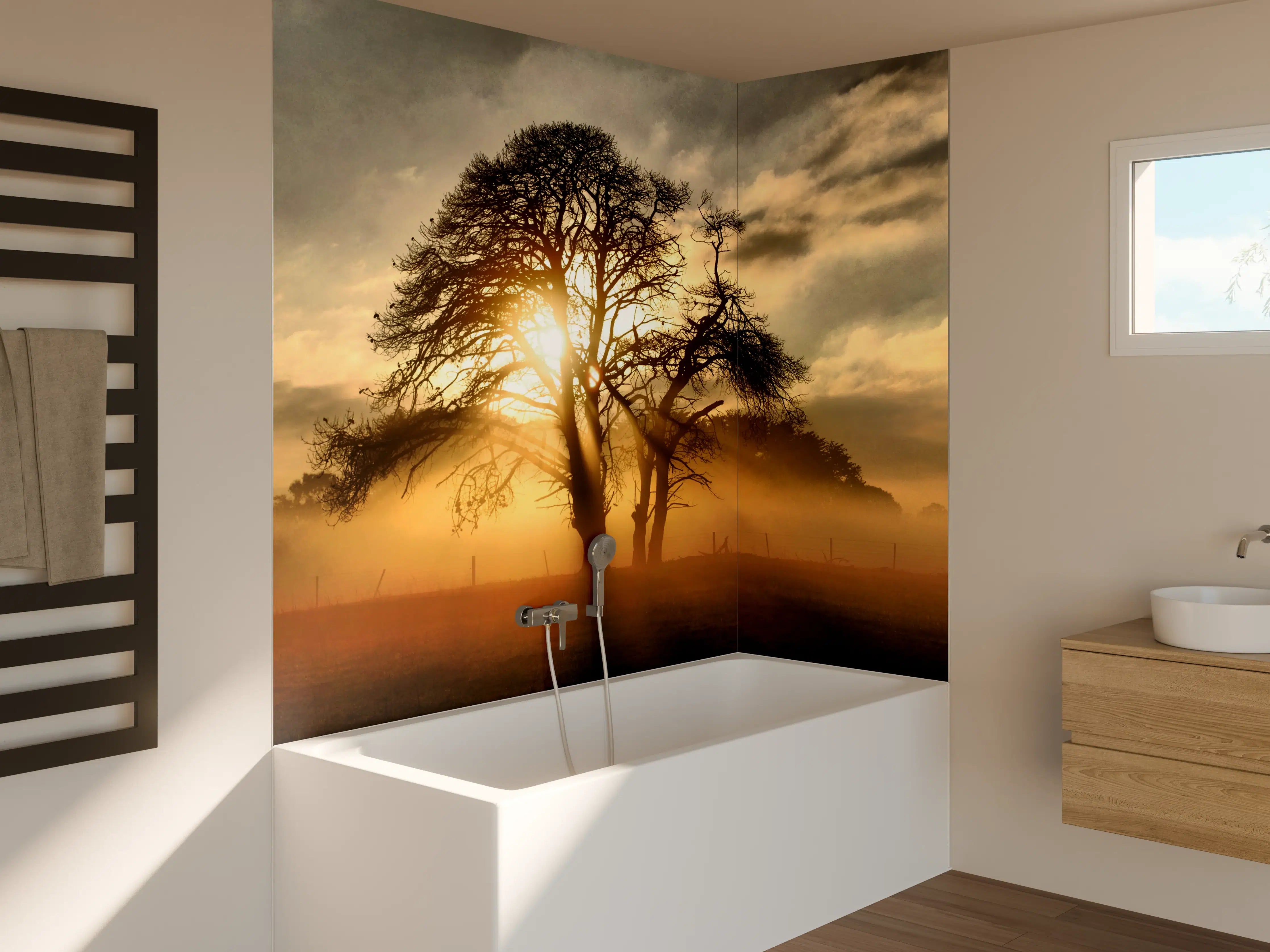 Badewannen-Rückwand - Sonnenaufgang bei Baumlandschaft