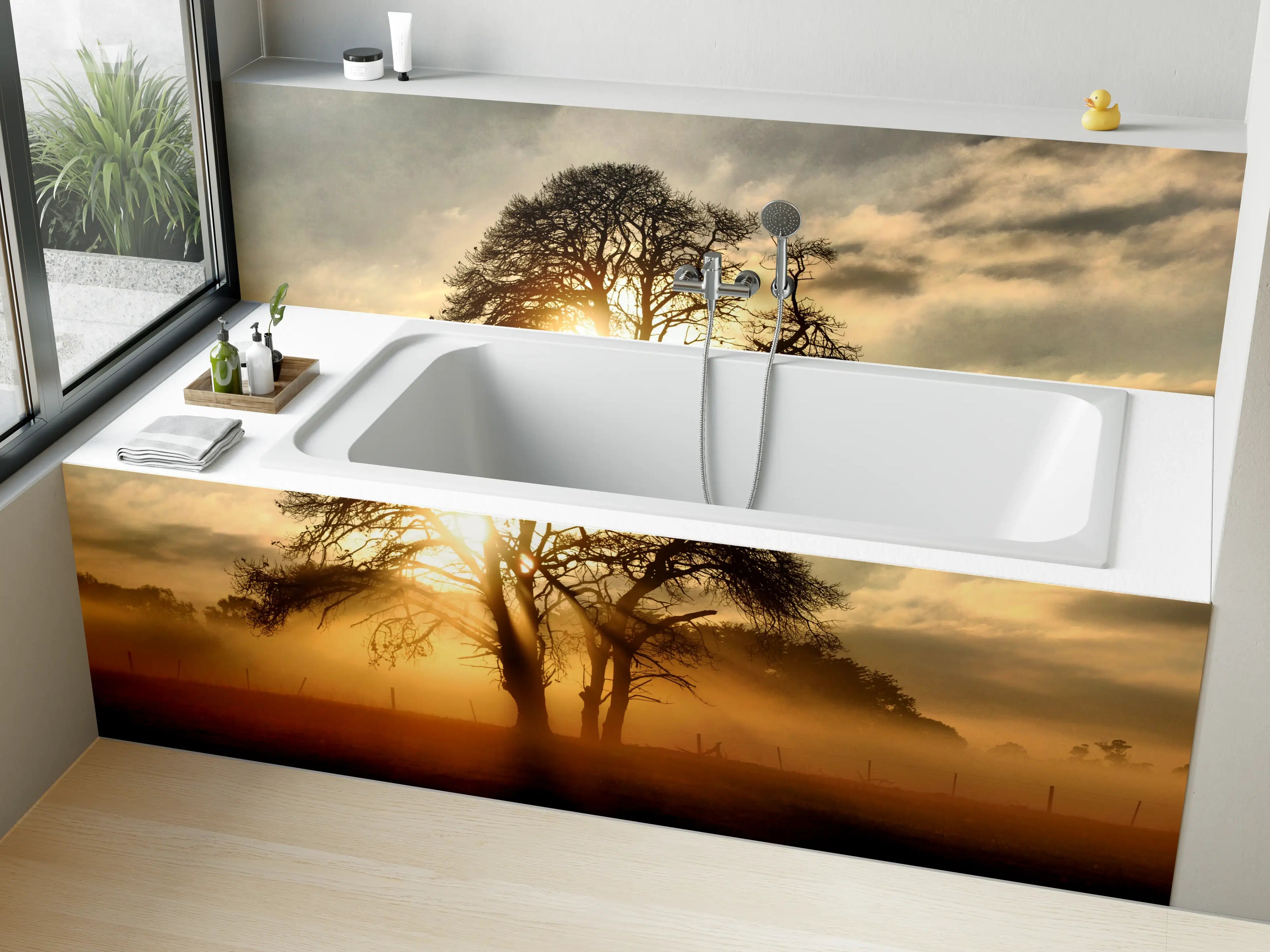 Badewannen-Rückwand - Sonnenaufgang bei Baumlandschaft