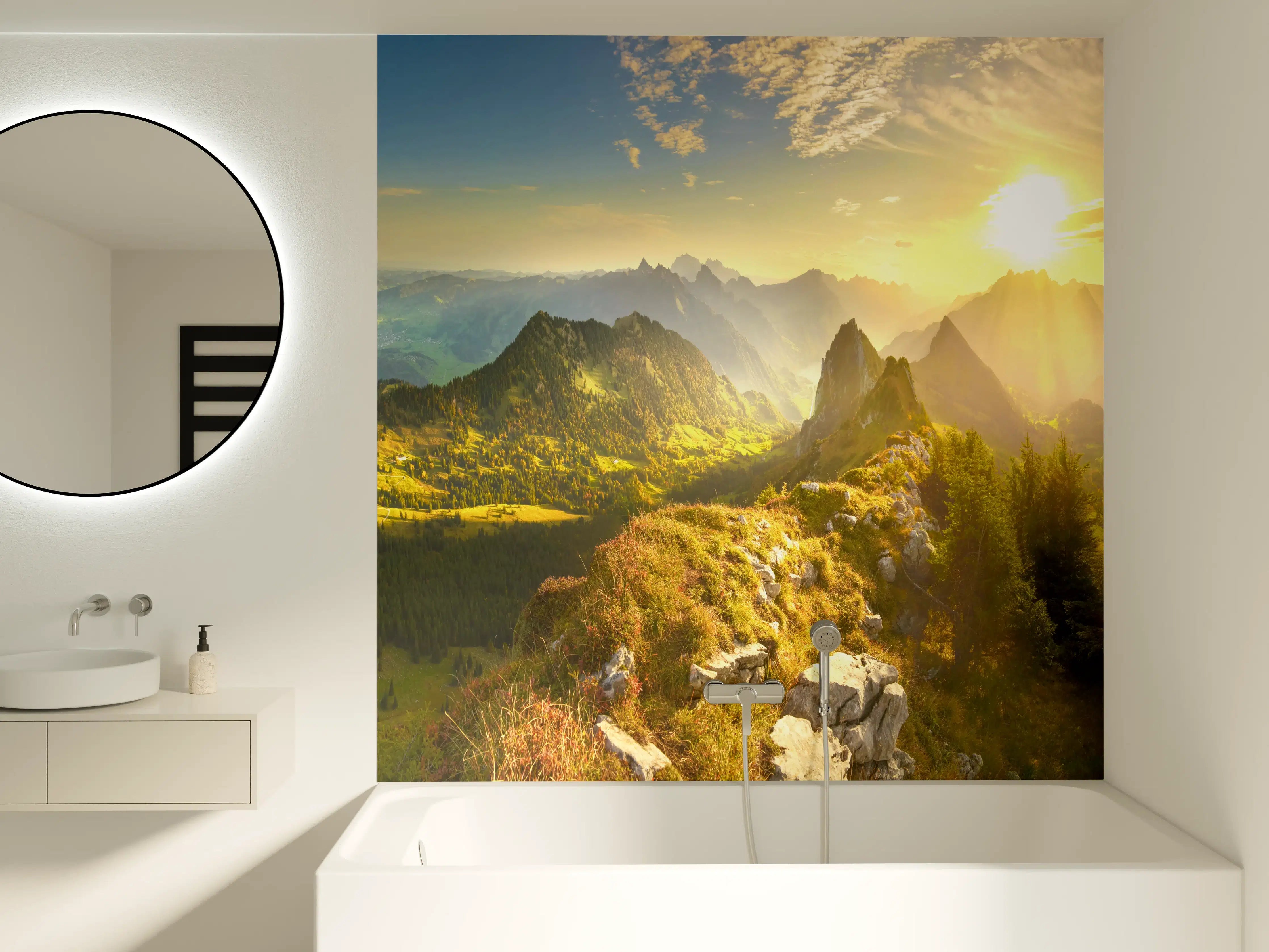 Badewannen-Rückwand - Sonnenaufgang über Schweizer Tal