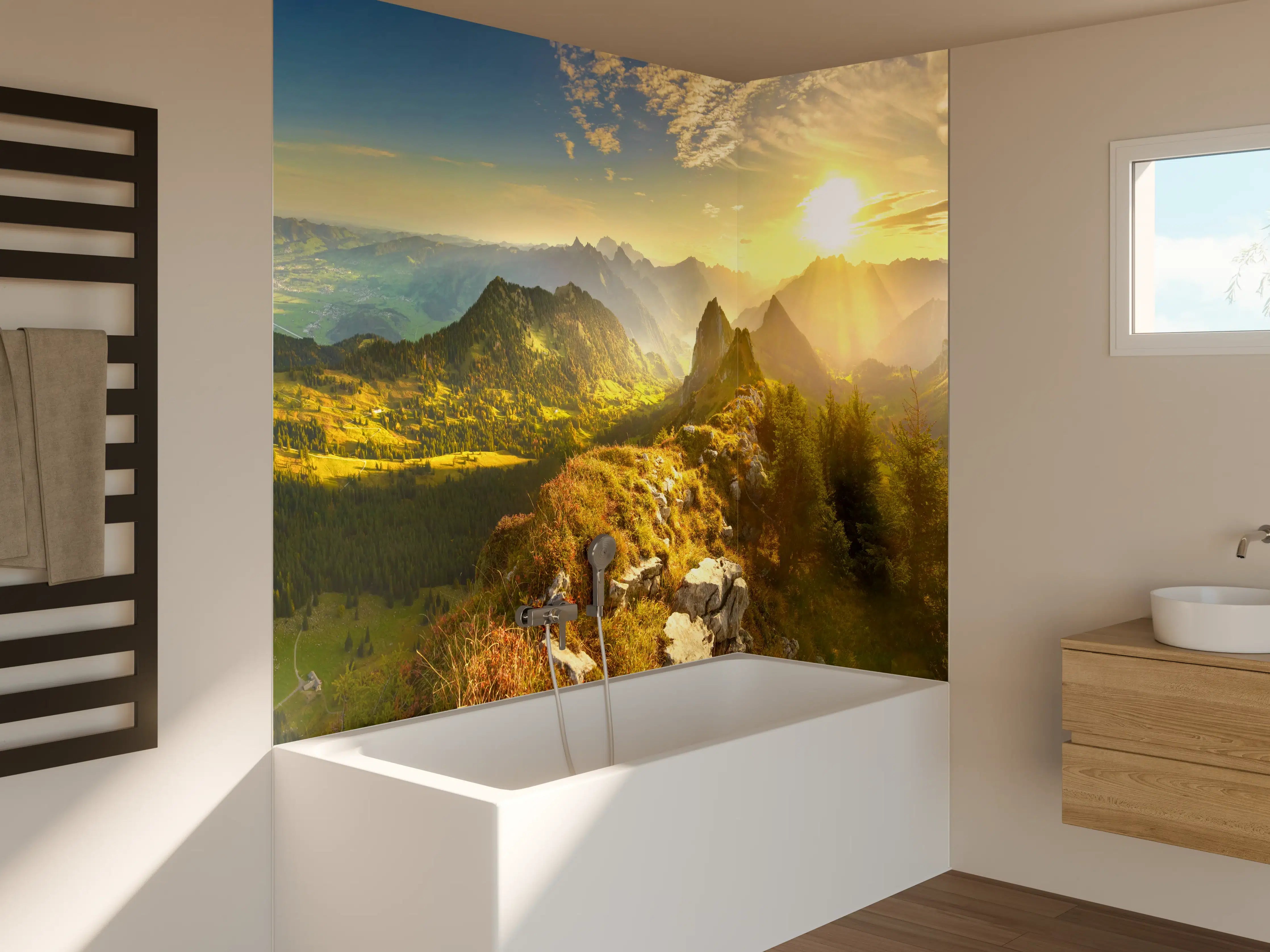 Badewannen-Rückwand - Sonnenaufgang über Schweizer Tal