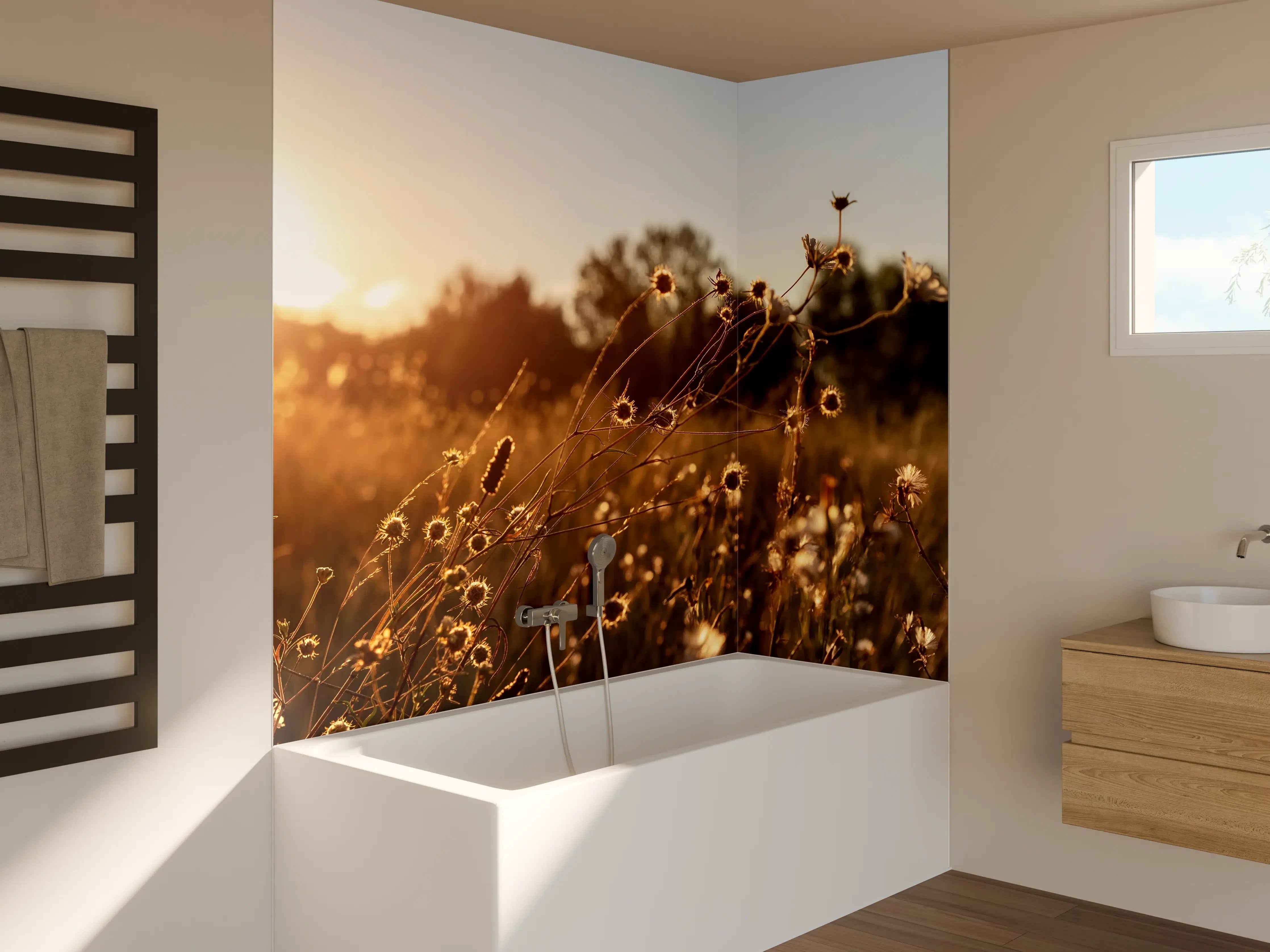 Badewannen-Rückwand - Sonnenaufgang über einer Blumenwiese