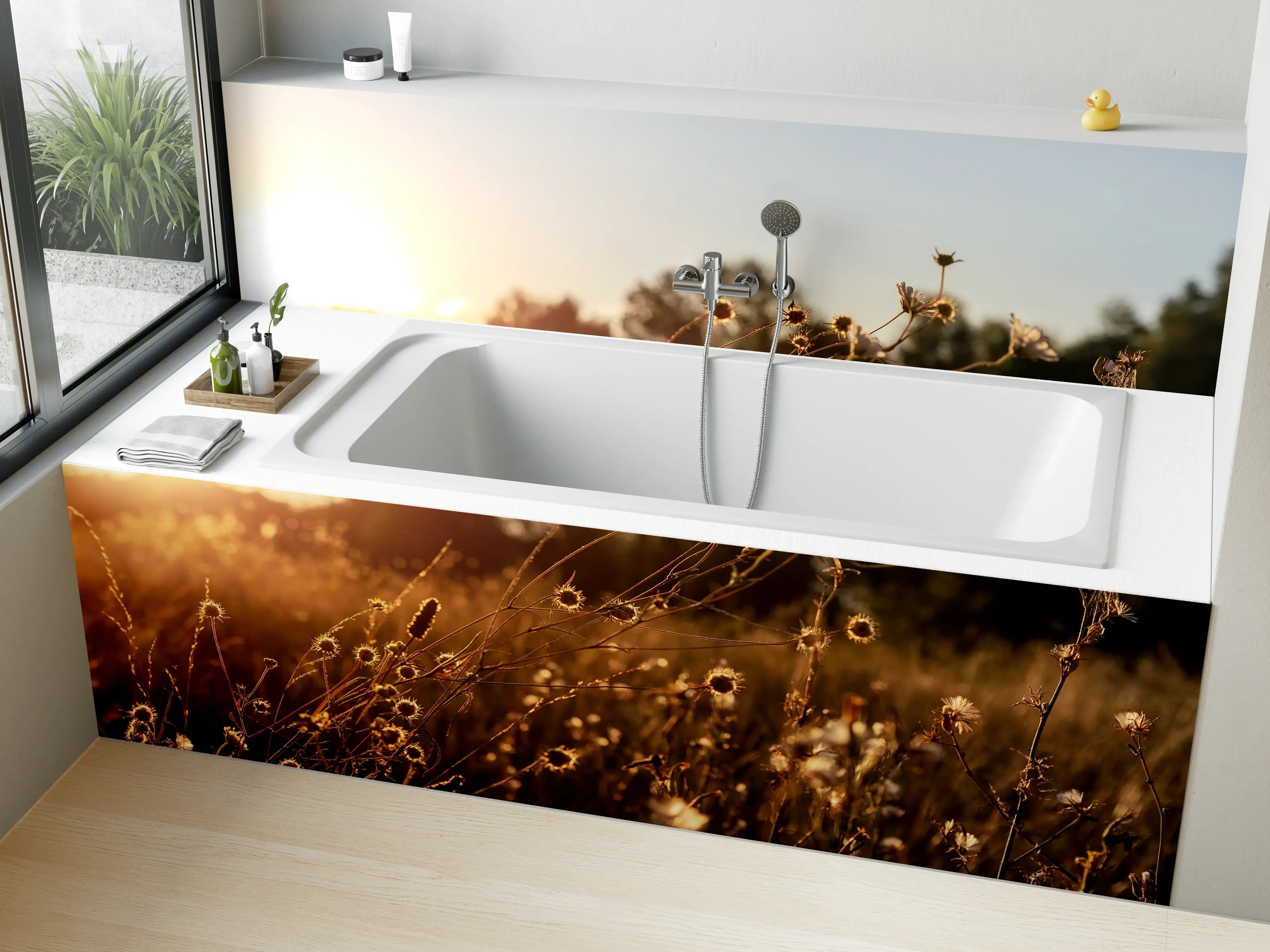Badewannen-Rückwand - Sonnenaufgang über einer Blumenwiese
