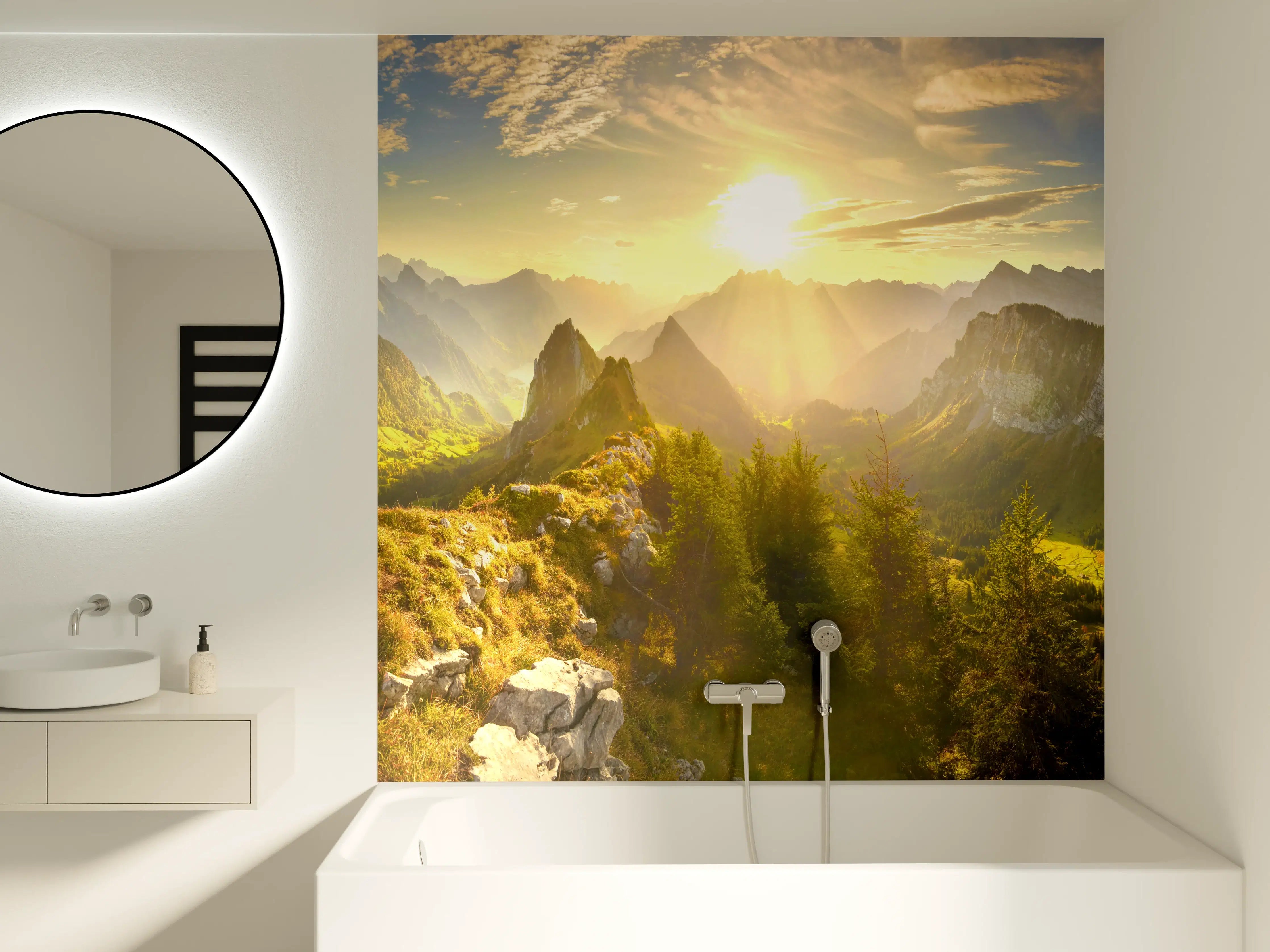 Badewannen-Rückwand - Sonnenaugang über Schweizer Alpen