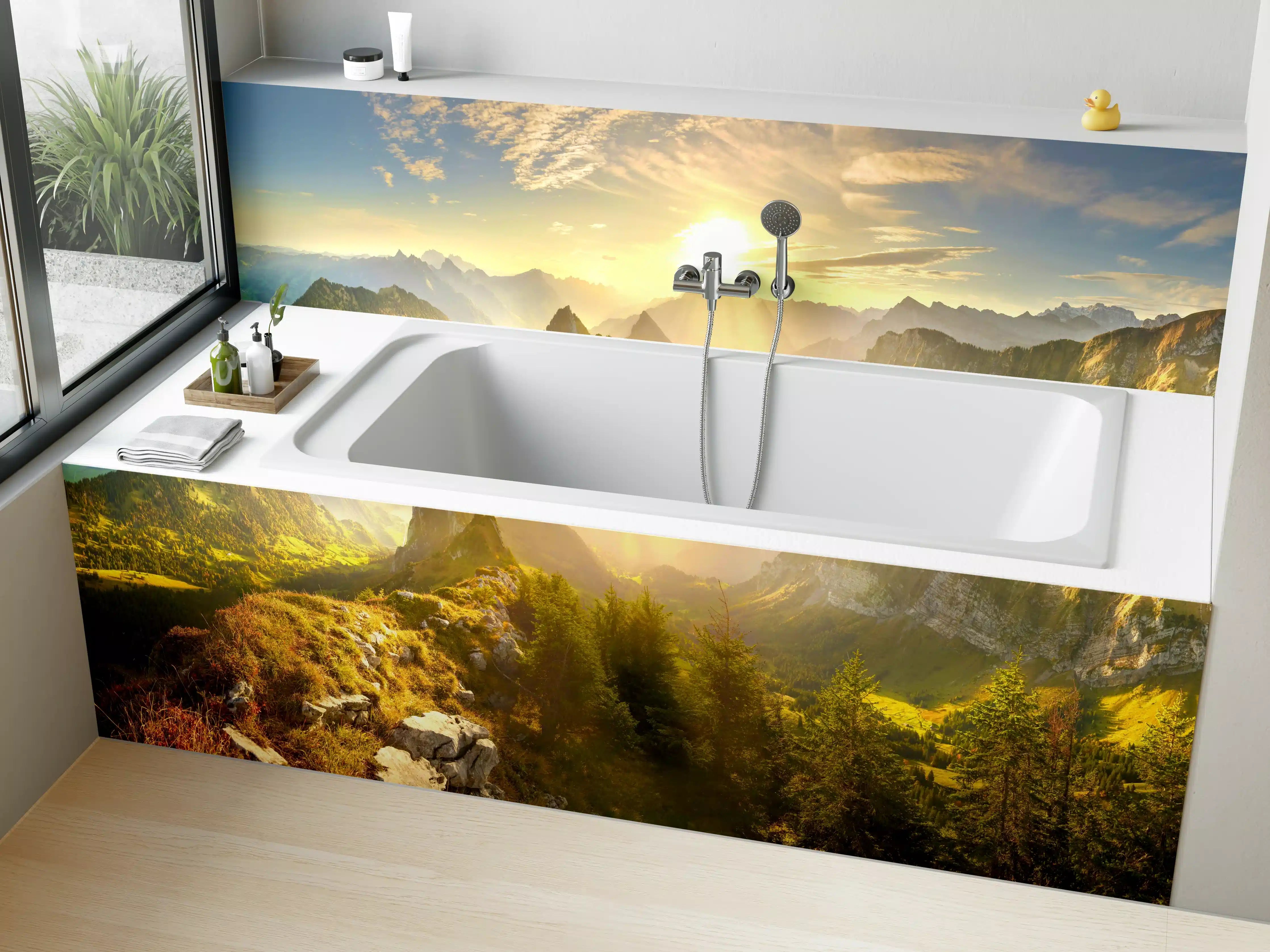 Badewannen-Rückwand - Sonnenaugang über Schweizer Alpen