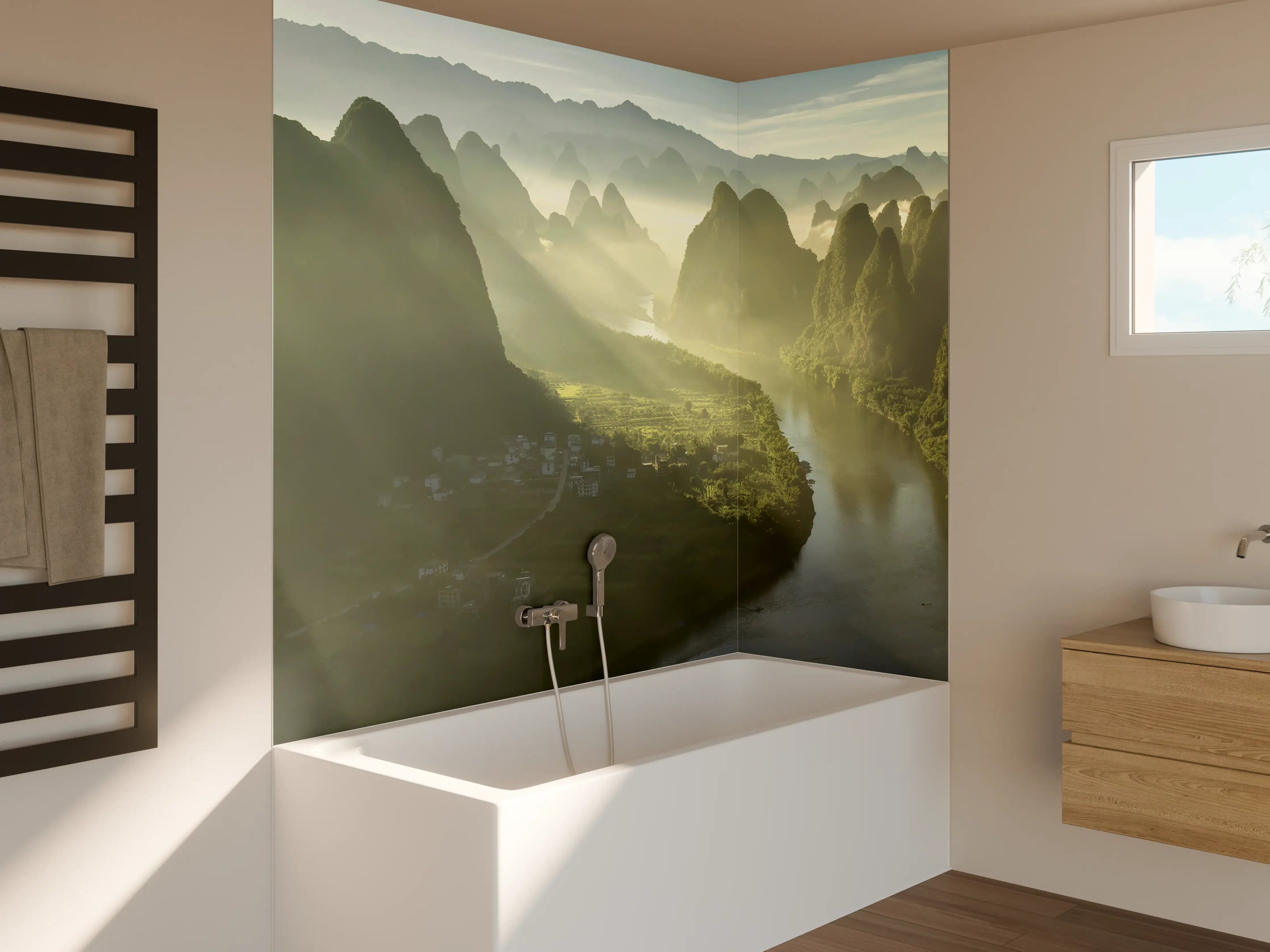Badewannen-Rückwand - Sonnendurchflutete Li-Flusslandschaft