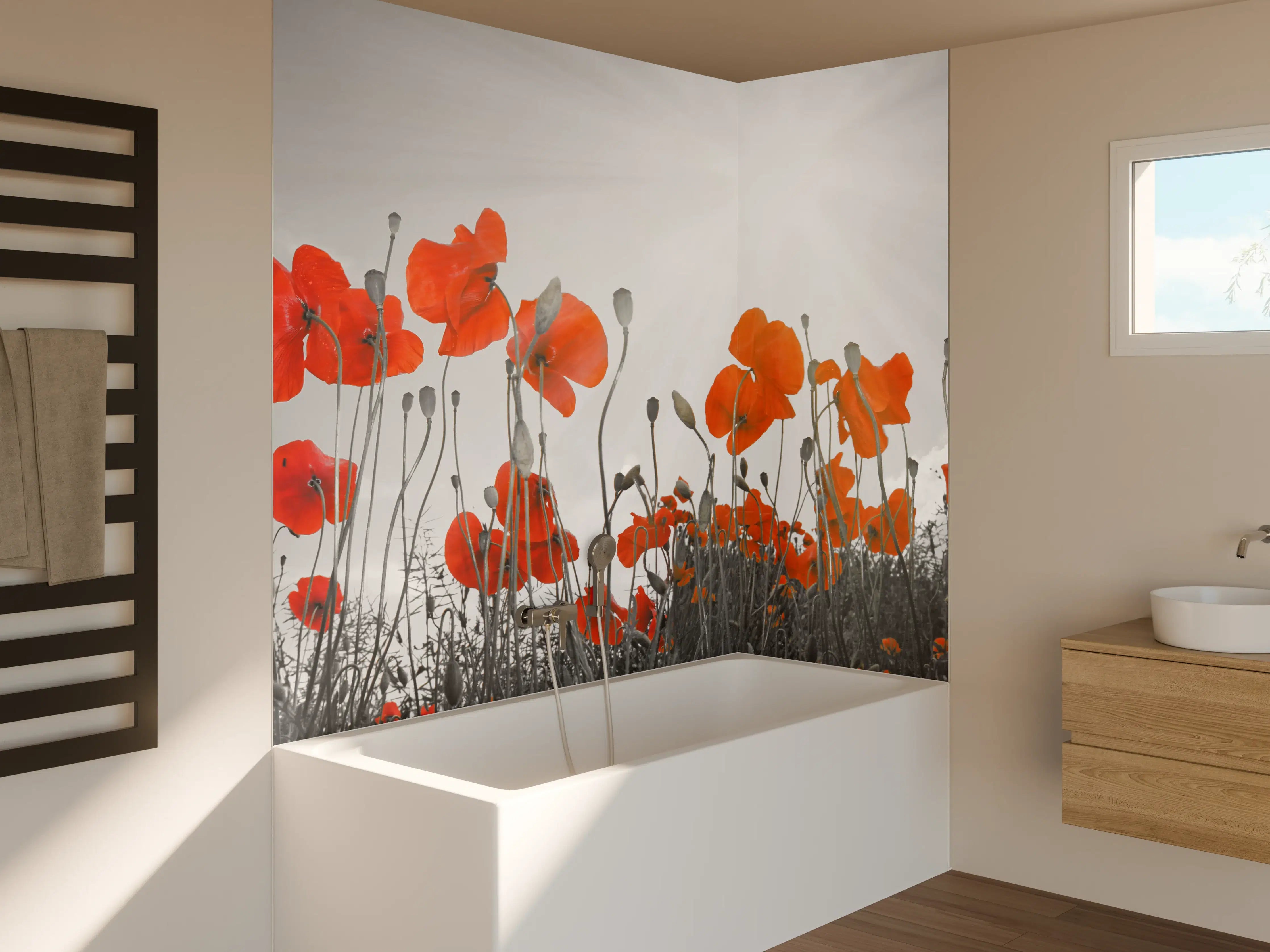 Badewannen-Rückwand - Sonnengetönte Mohnblumen im Grau