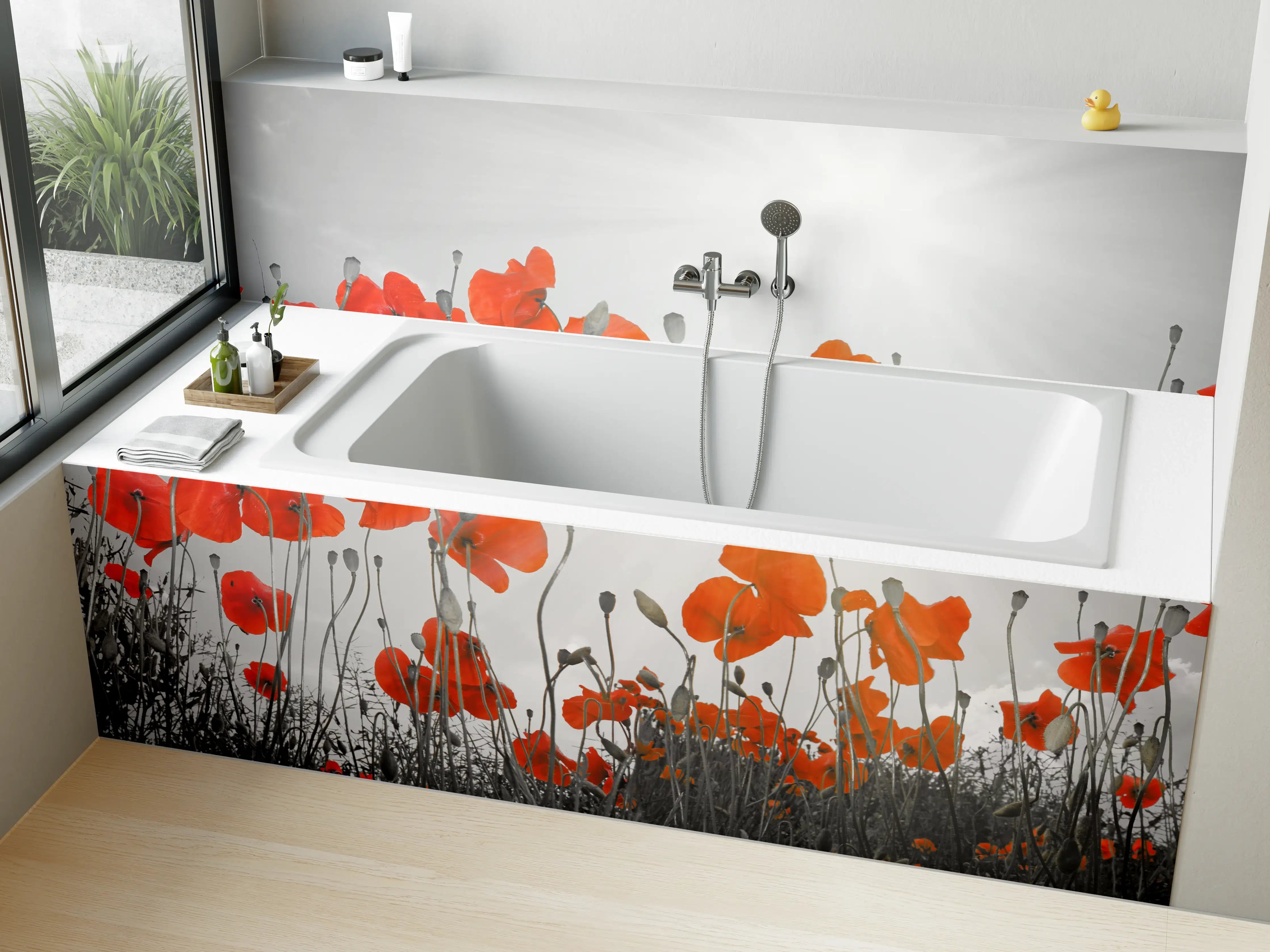 Badewannen-Rückwand - Sonnengetönte Mohnblumen im Grau