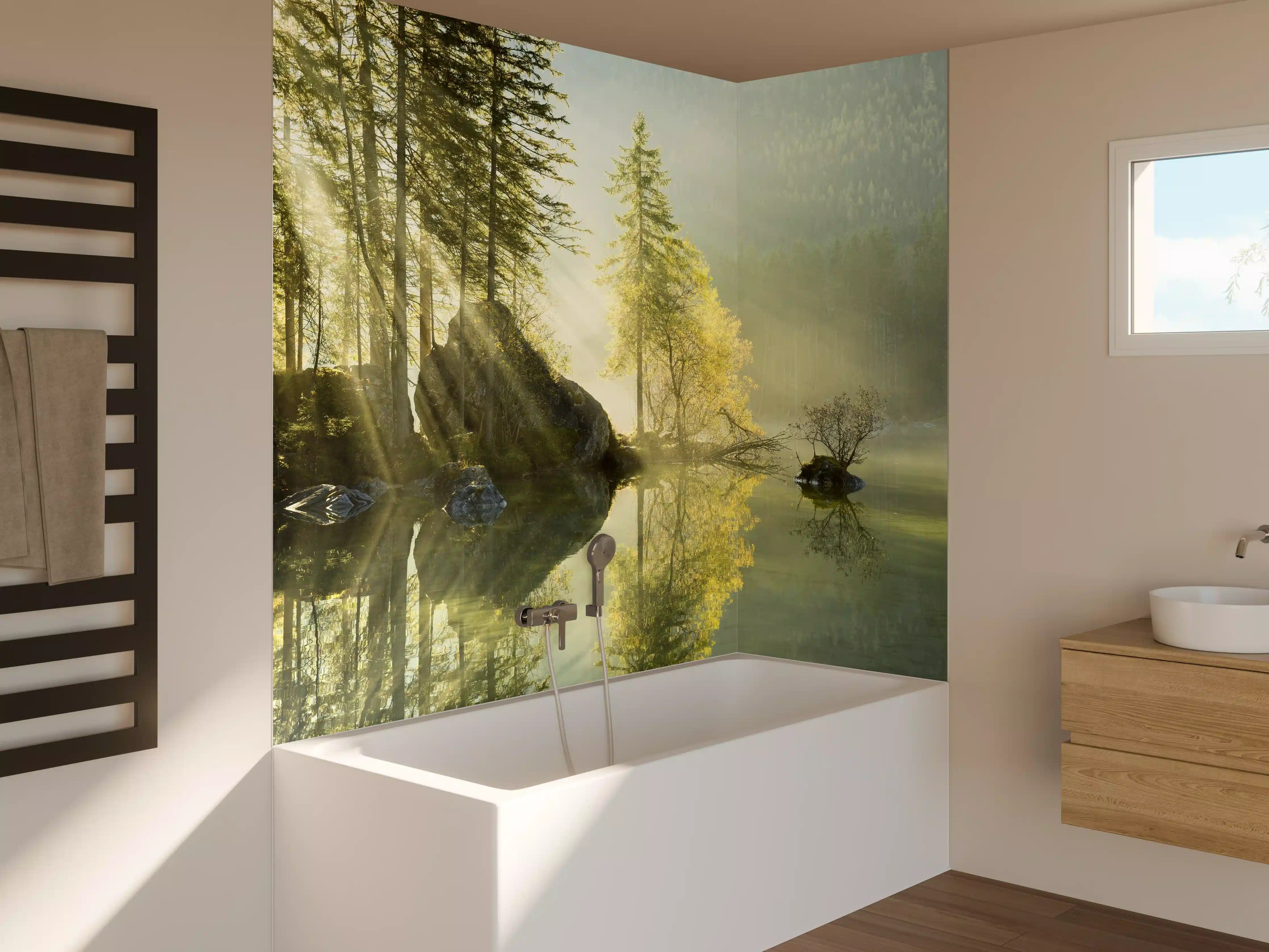Badewannen-Rückwand - Sonnenstrahlen im See