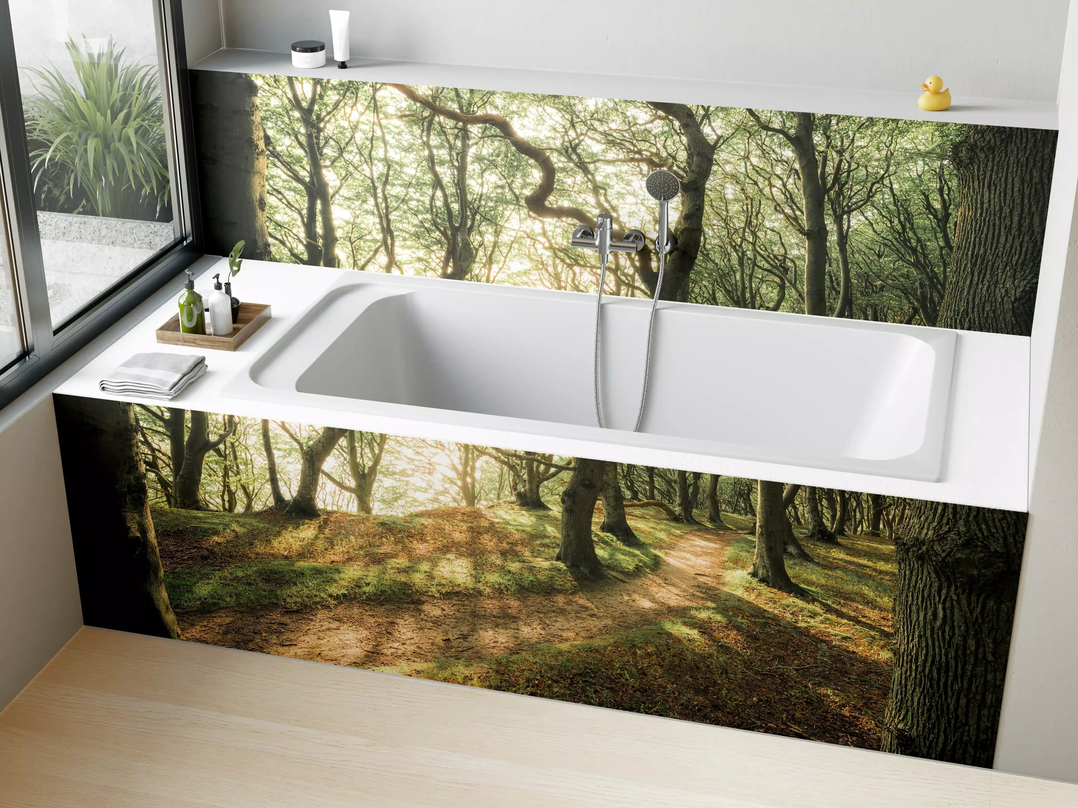 Badewannen-Rückwand - Sonnenstrahlen im Waldweg