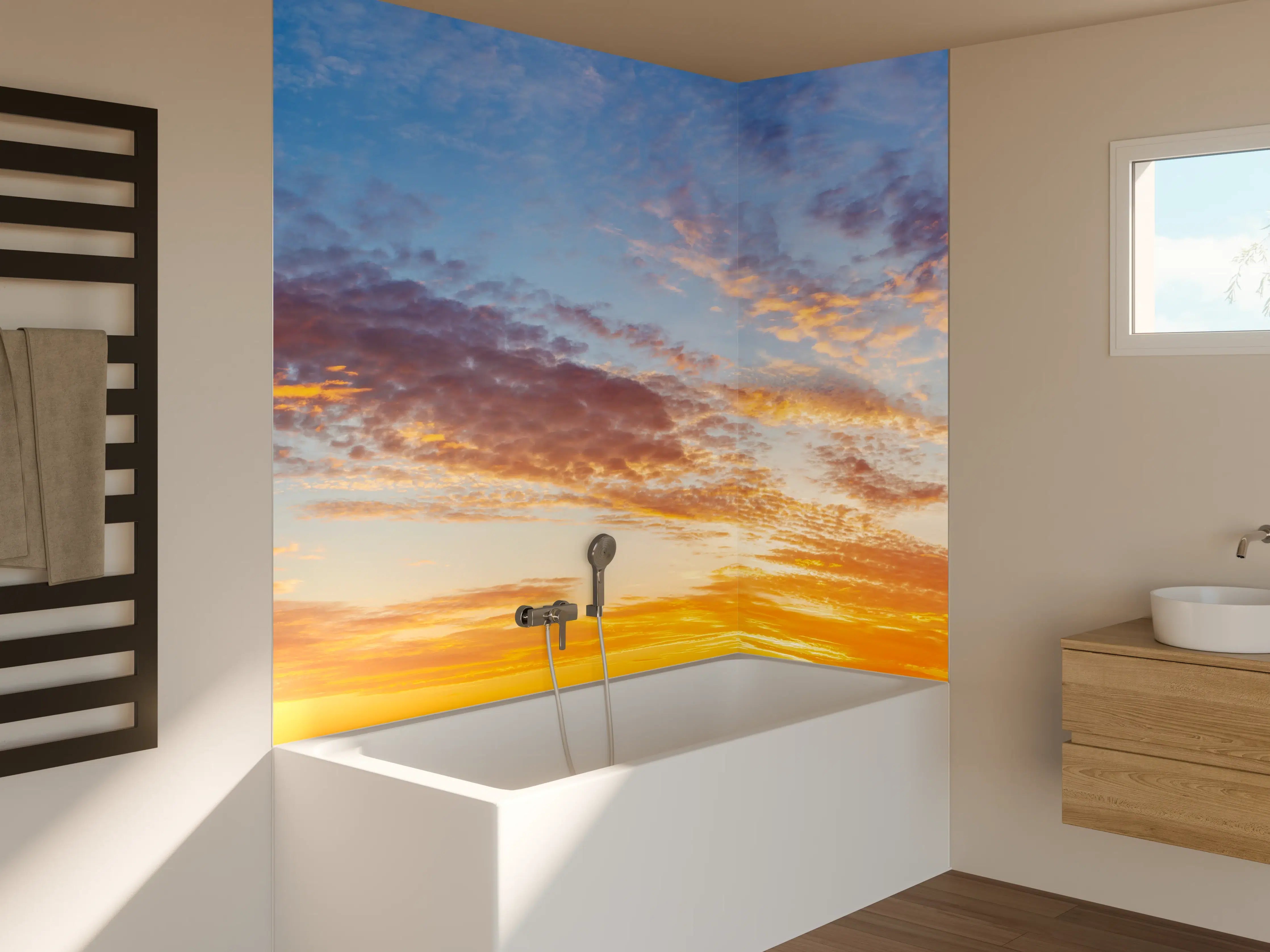 Badewannen-Rückwand - Sonnenuntergang Panorama Blau-Orange