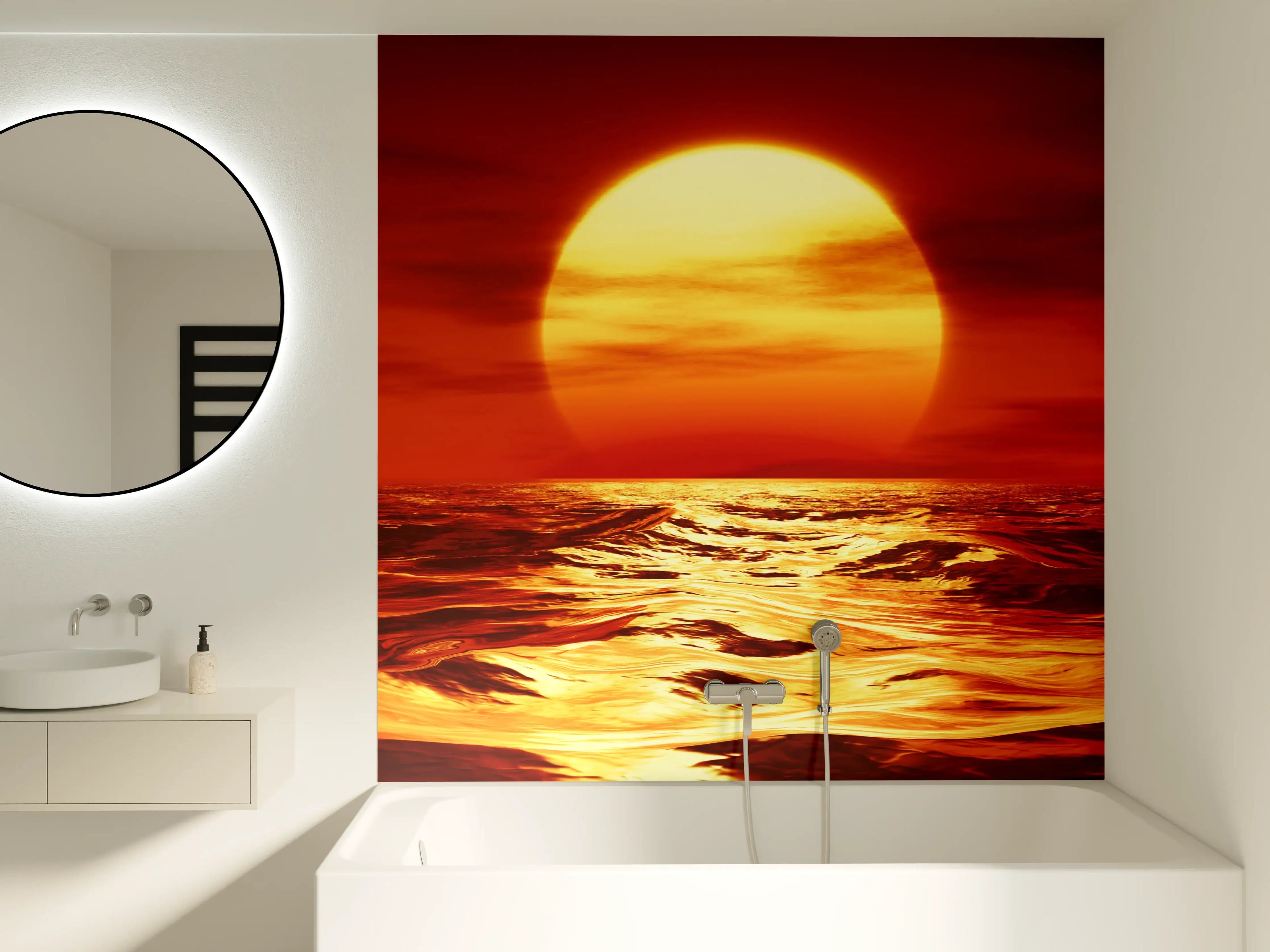 Badewannen-Rückwand - Sonnenuntergang am Meer in warmen Orangetönen