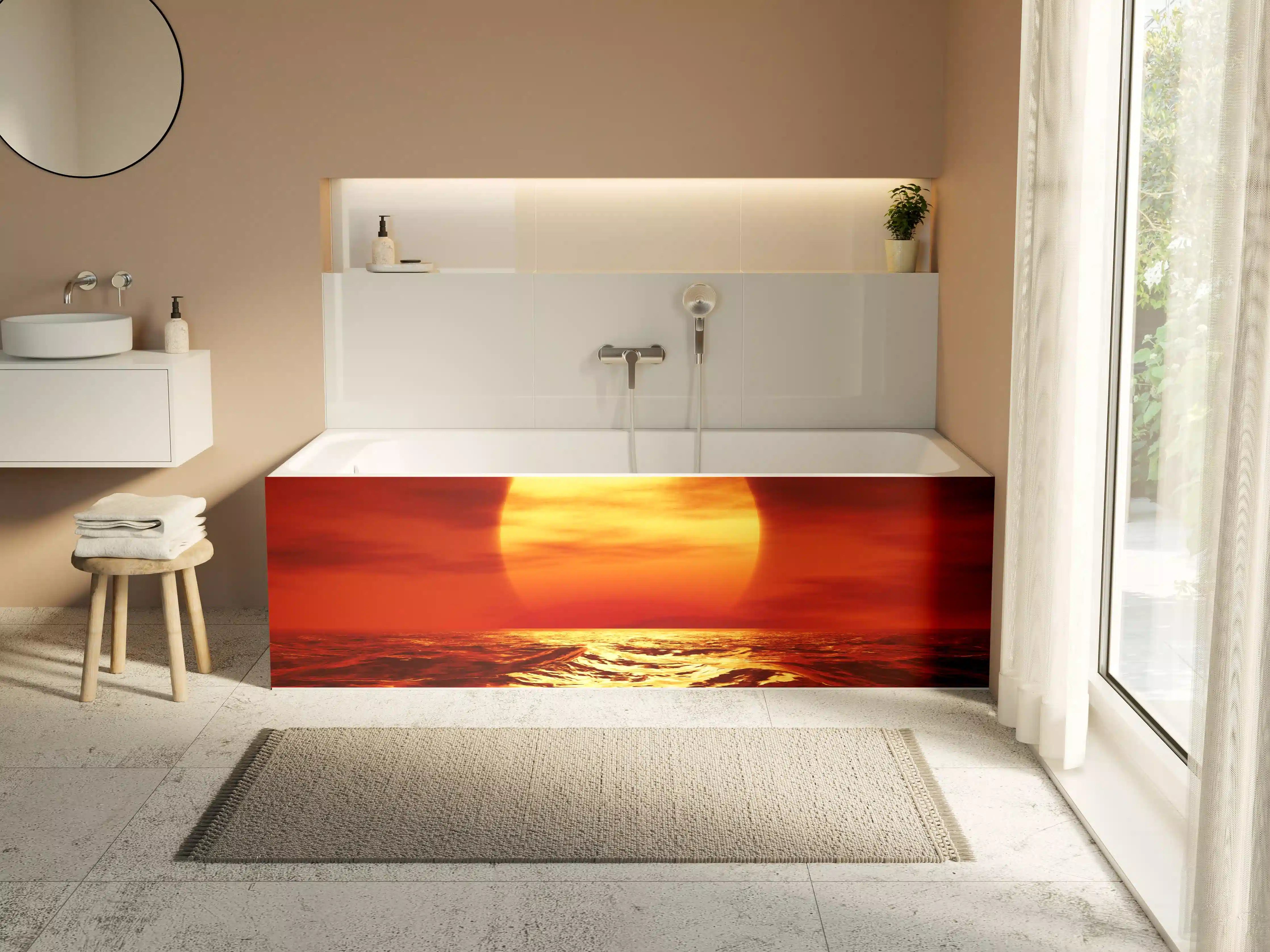 Badewannen-Rückwand - Sonnenuntergang am Meer in warmen Orangetönen