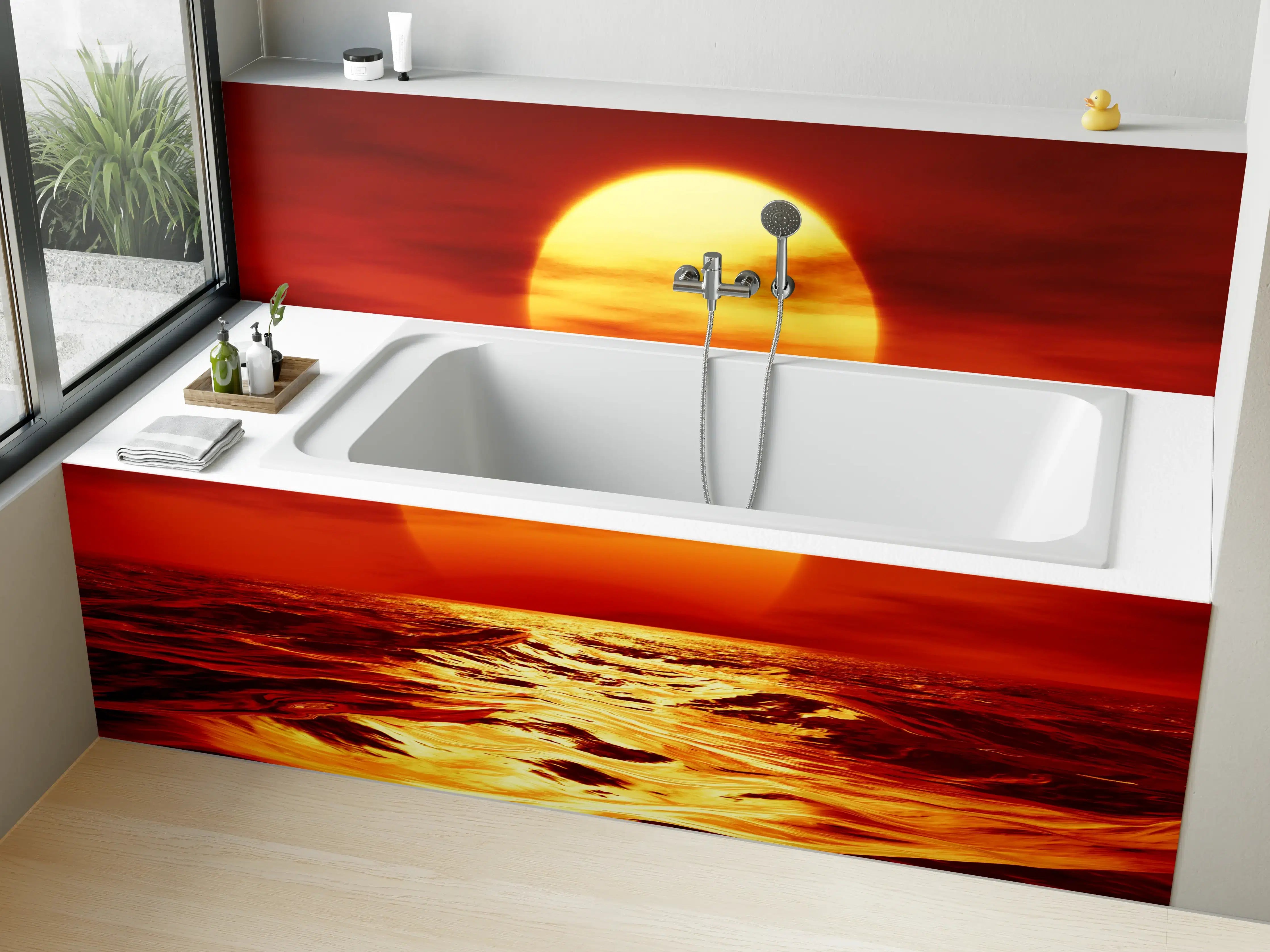 Badewannen-Rückwand - Sonnenuntergang am Meer in warmen Orangetönen