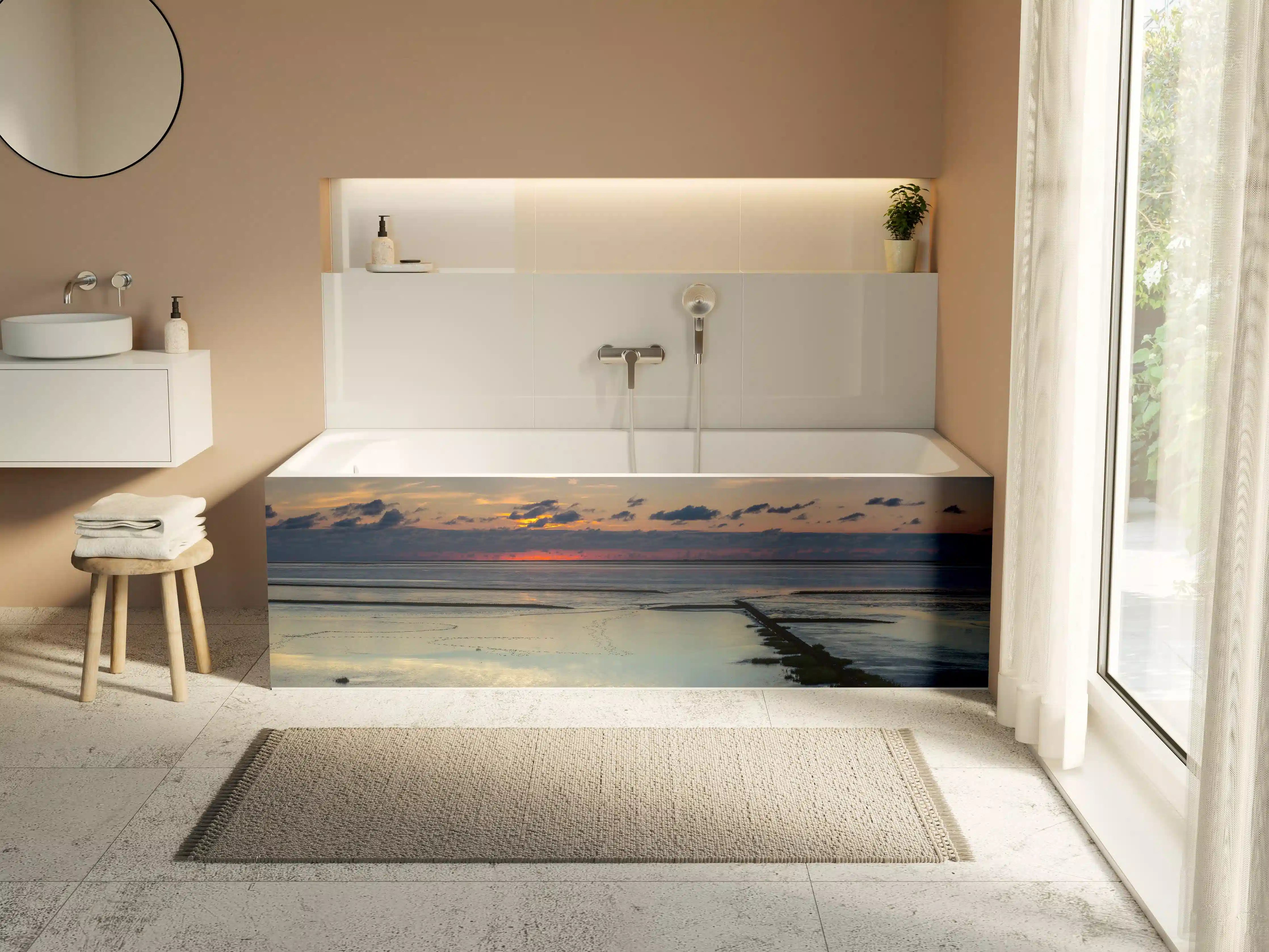 Badewannen-Rückwand - Sonnenuntergang am Meer mit Spiegelung