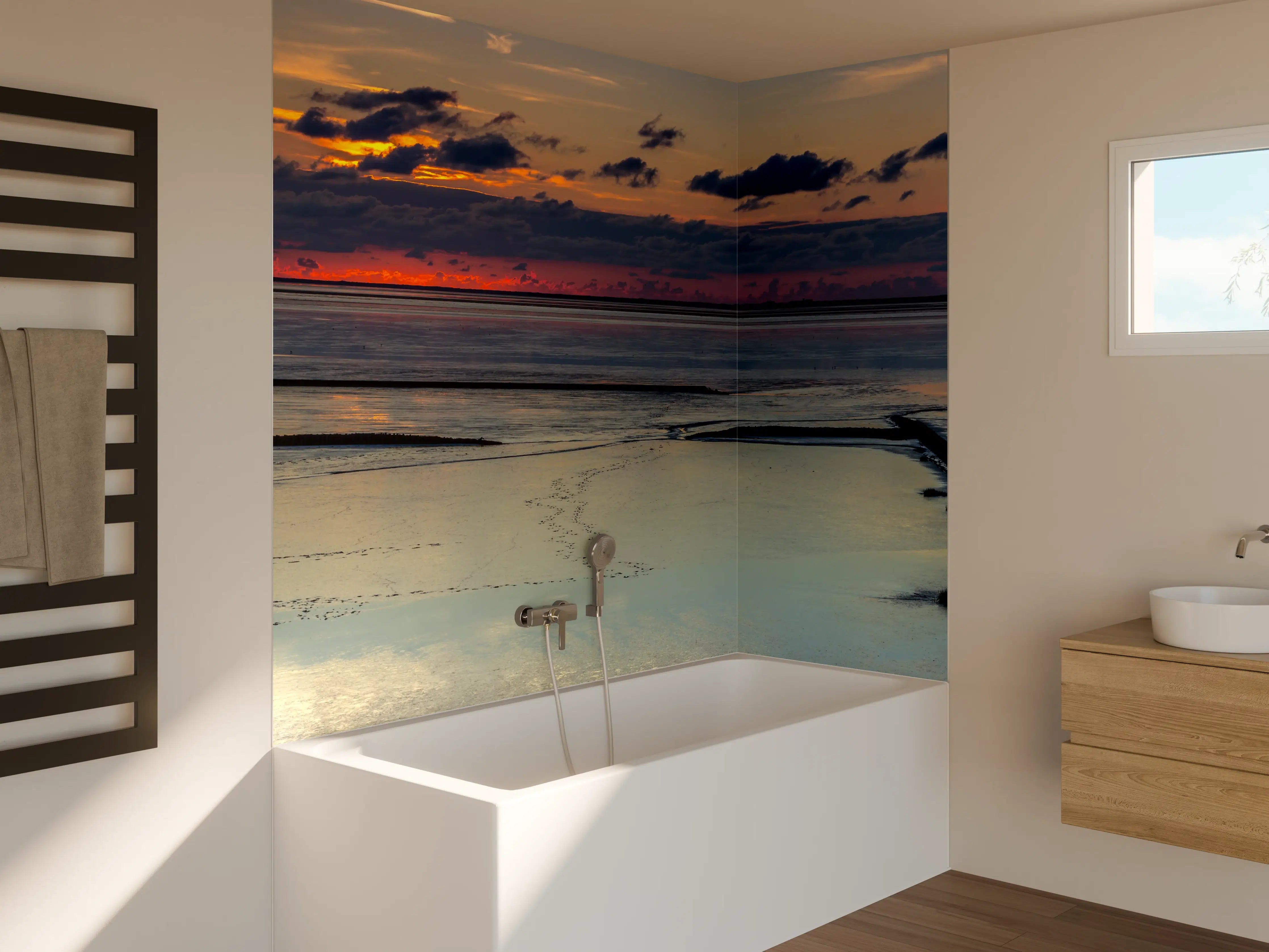 Badewannen-Rückwand - Sonnenuntergang am Meer mit Spiegelung