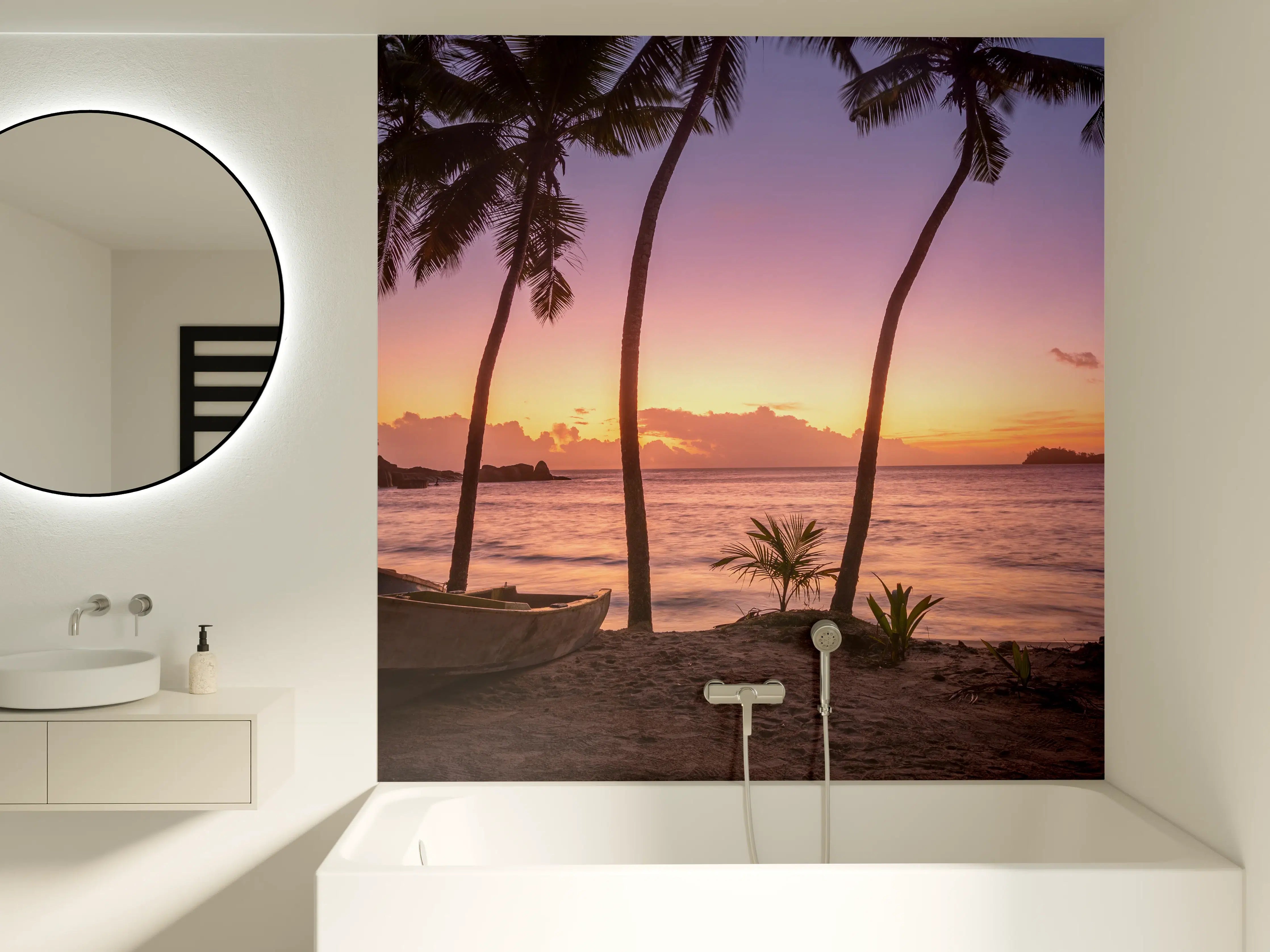 Badewannen-Rückwand - Sonnenuntergang am Strand Anse Takamaka
