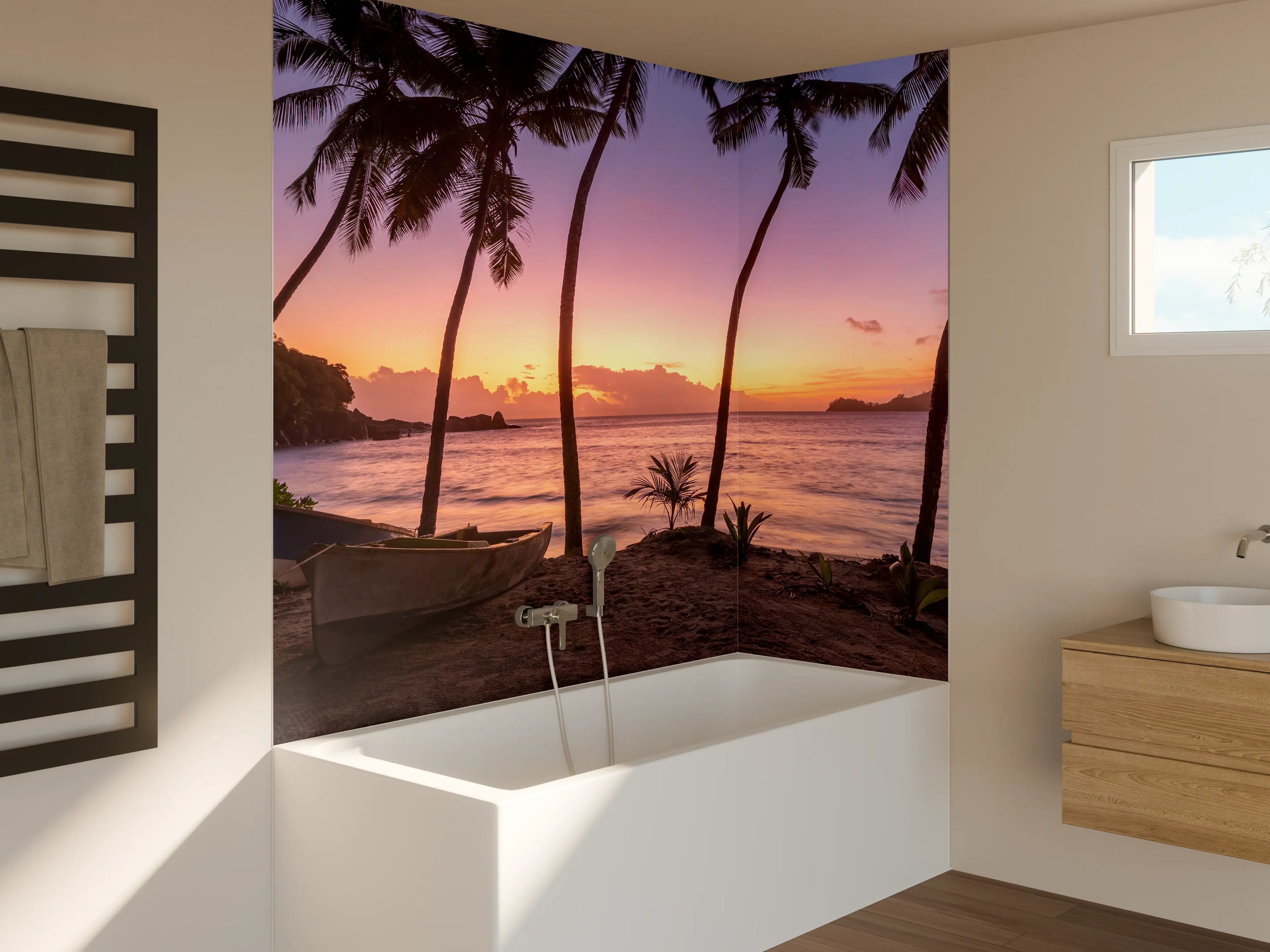 Badewannen-Rückwand - Sonnenuntergang am Strand Anse Takamaka