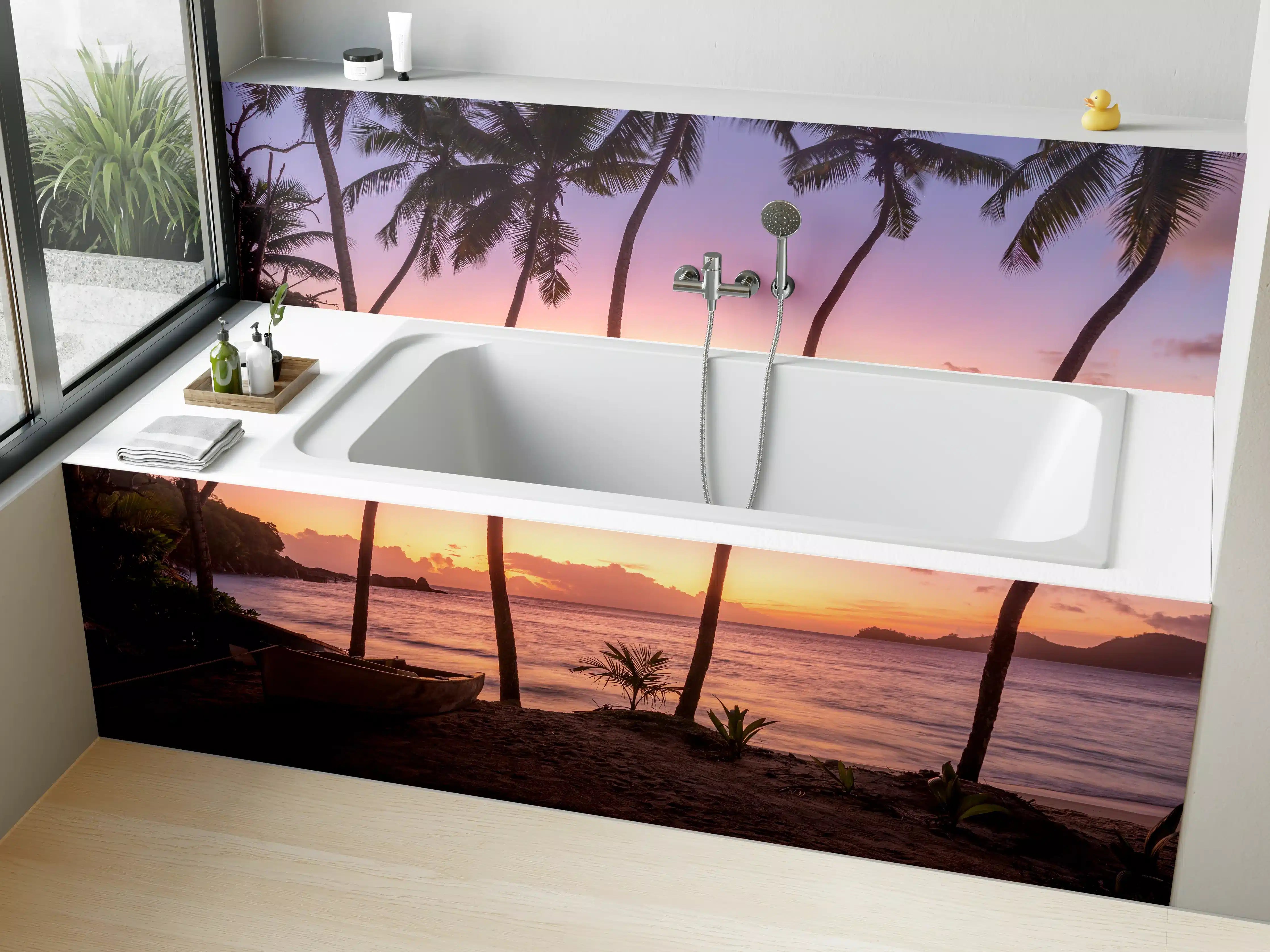 Badewannen-Rückwand - Sonnenuntergang am Strand Anse Takamaka