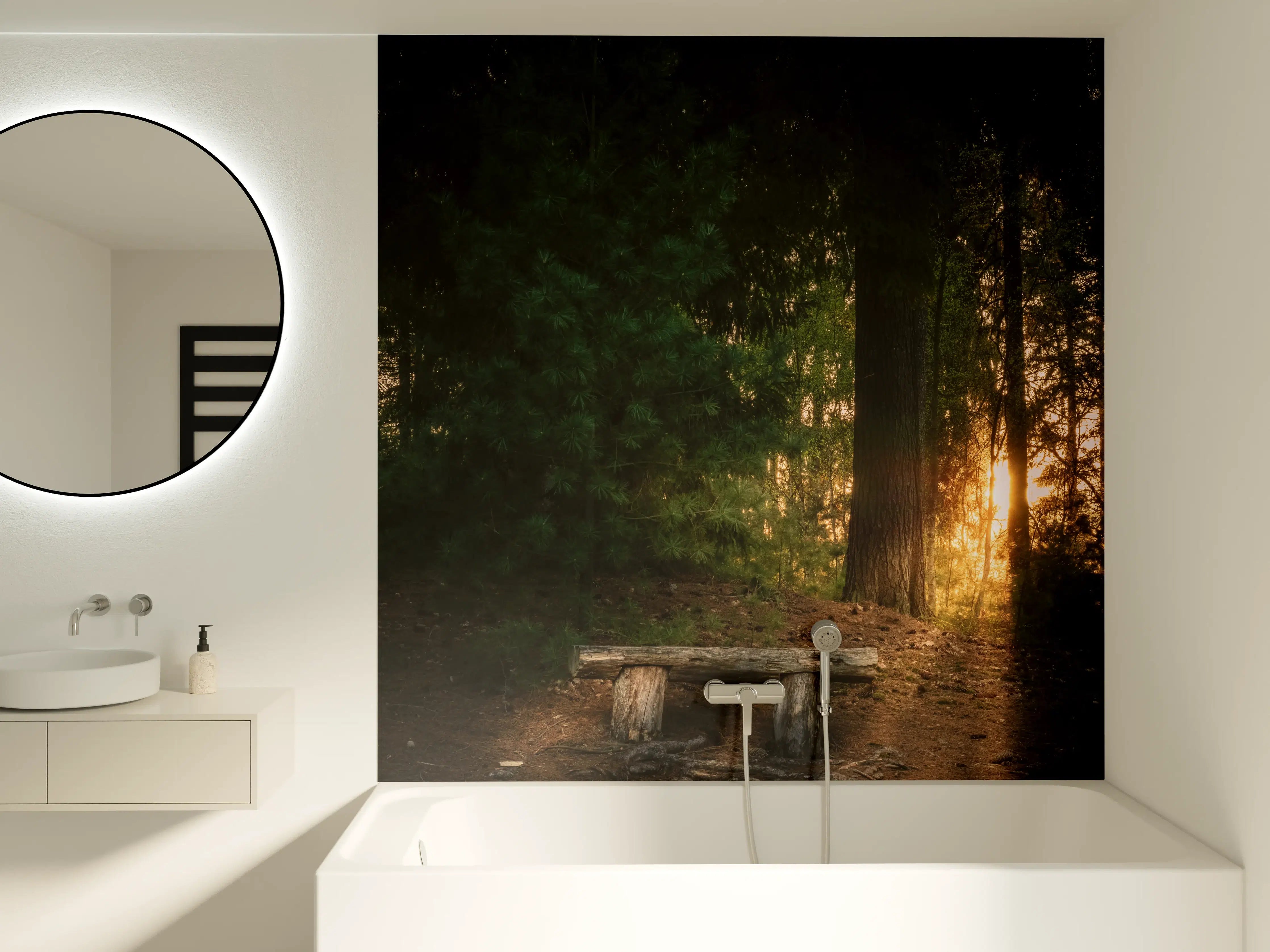 Badewannen-Rückwand - Sonnenuntergang im Wald - Lüneburger Heide