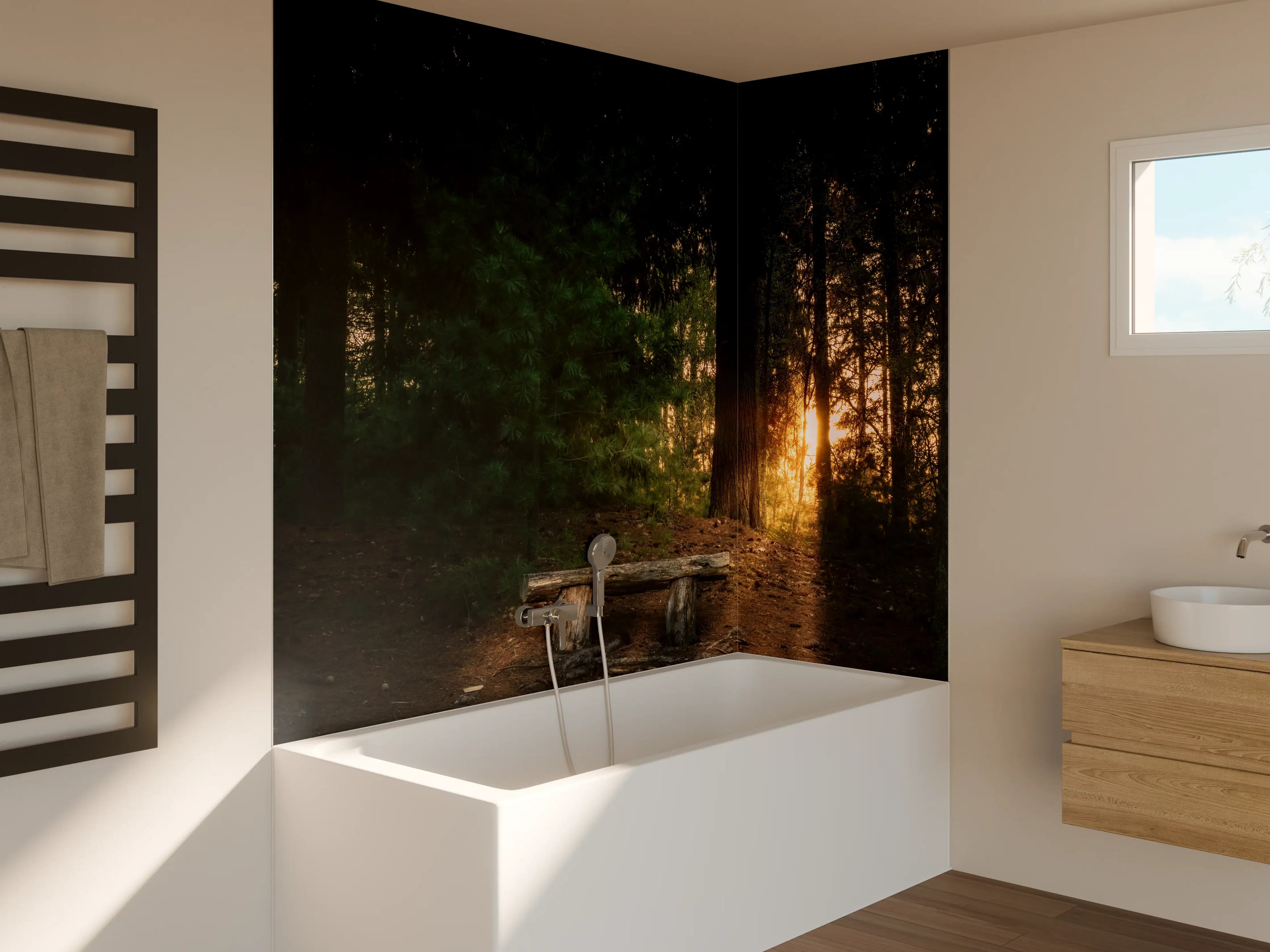 Badewannen-Rückwand - Sonnenuntergang im Wald - Lüneburger Heide