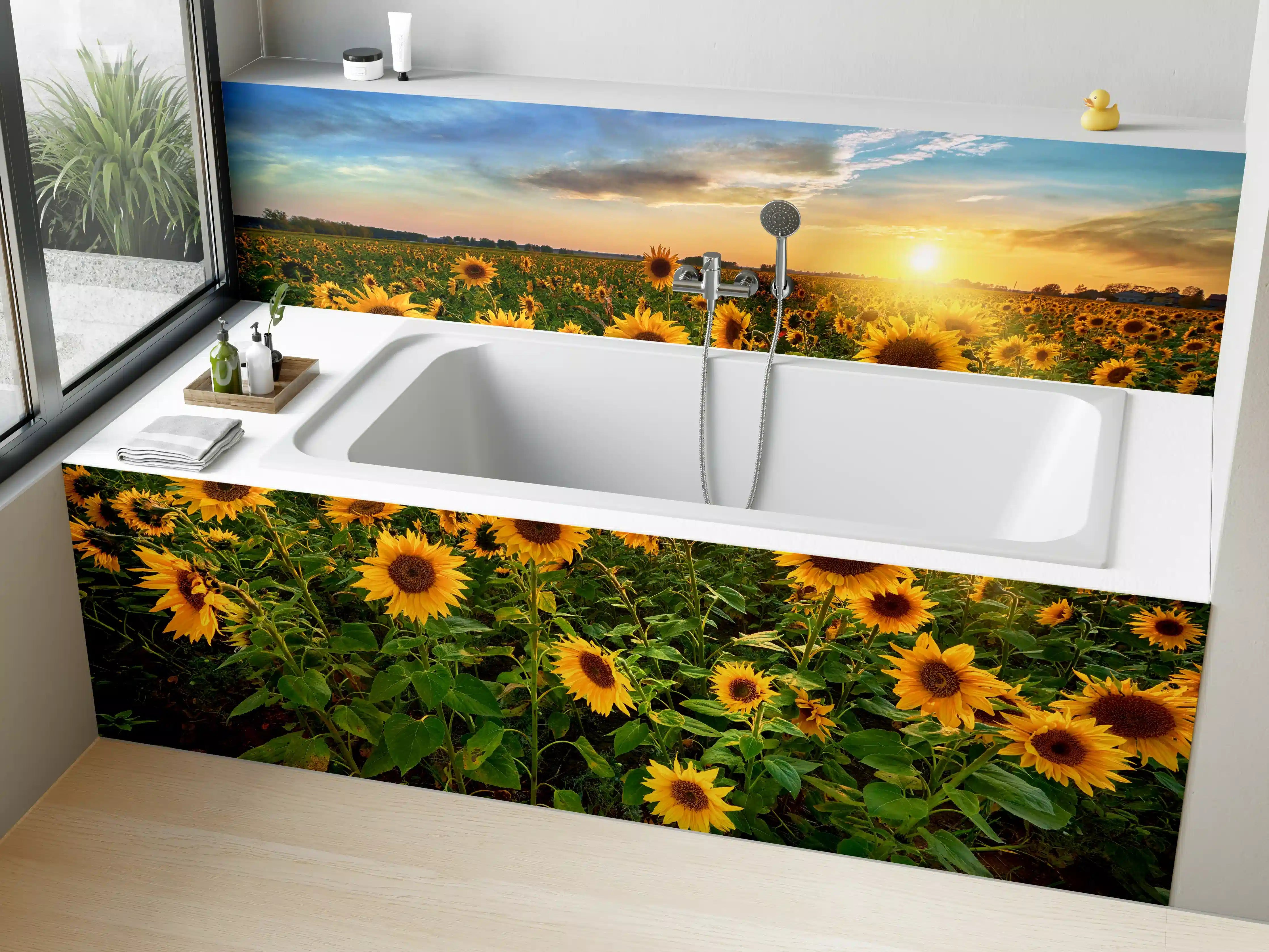 Badewannen-Rückwand - Sonnenuntergang über Sonnenblumenfeld in Hessen