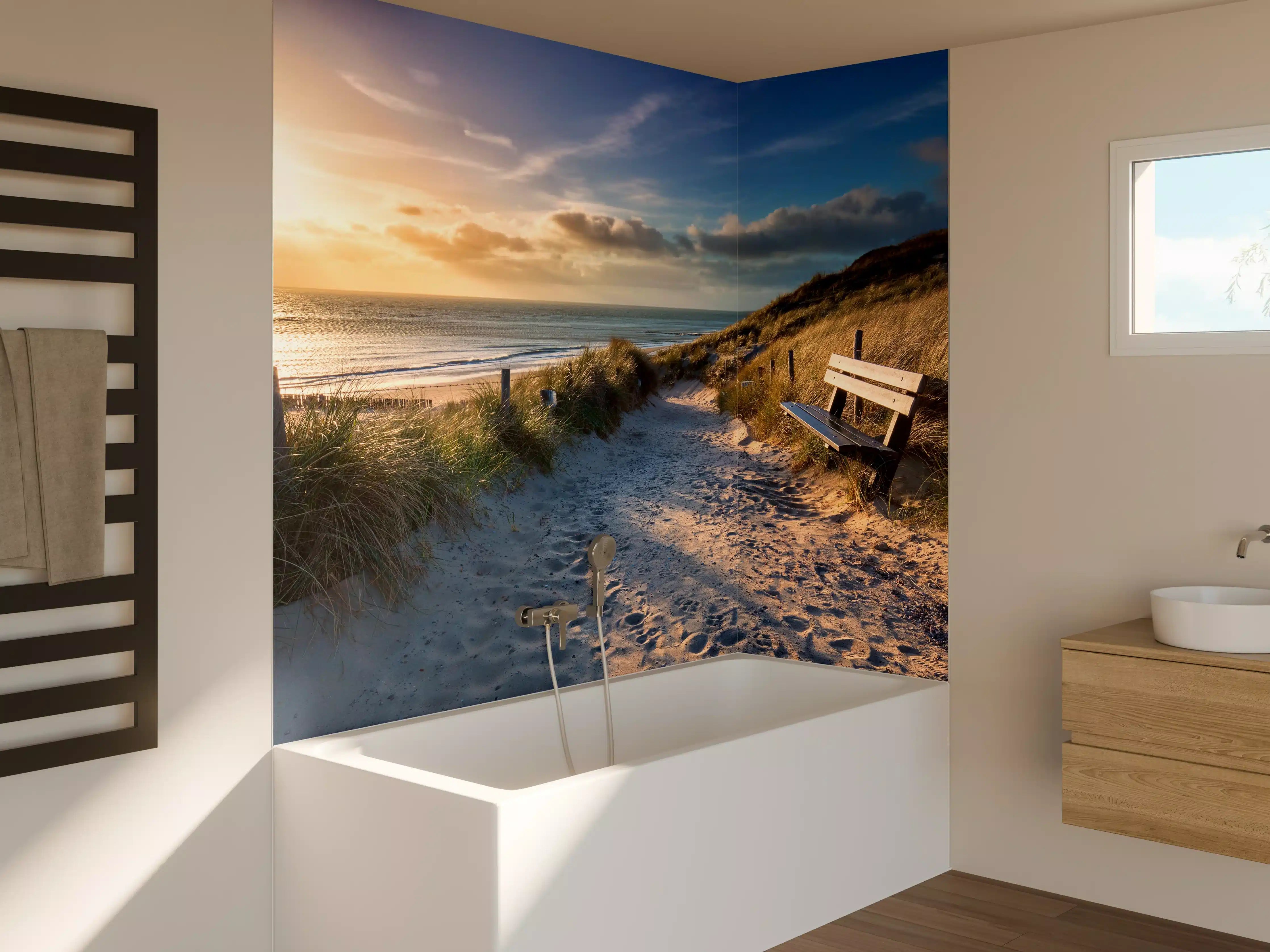 Badewannen-Rückwand - Sonnenuntergang über der Dünenlandschaft