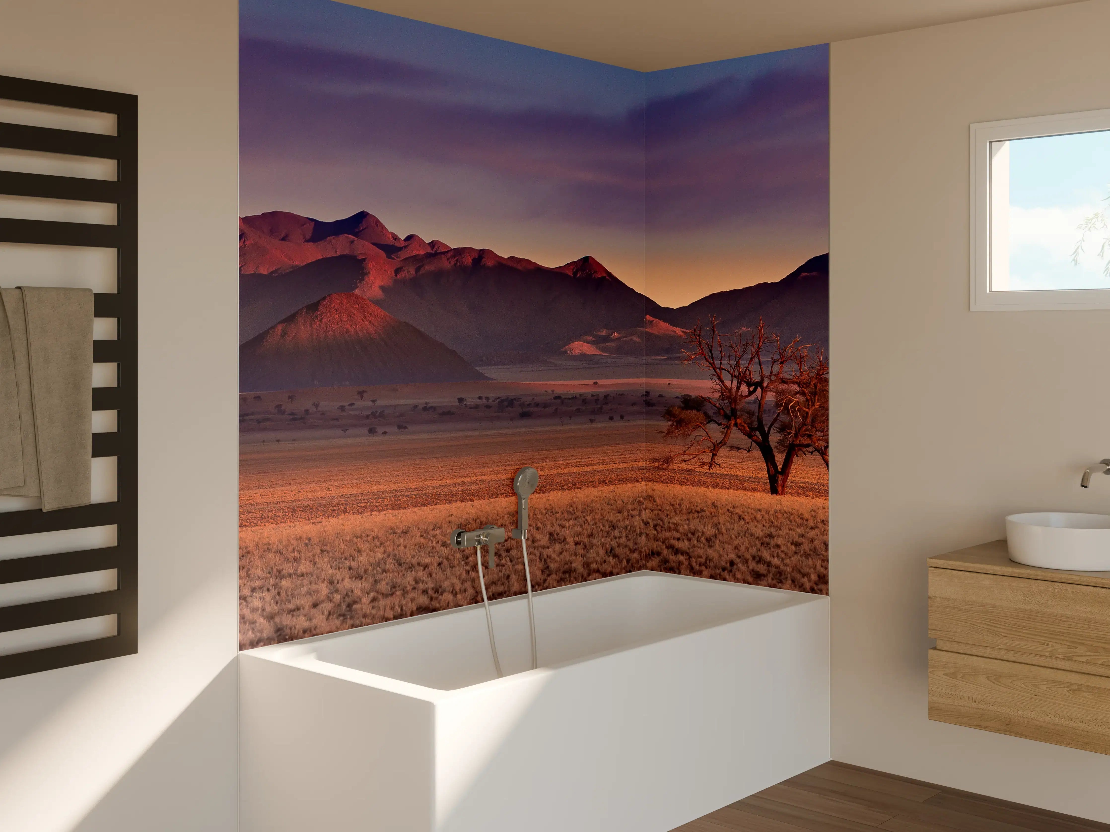 Badewannen-Rückwand - Sonnenuntergang über die Wüste mit einzelner Baum