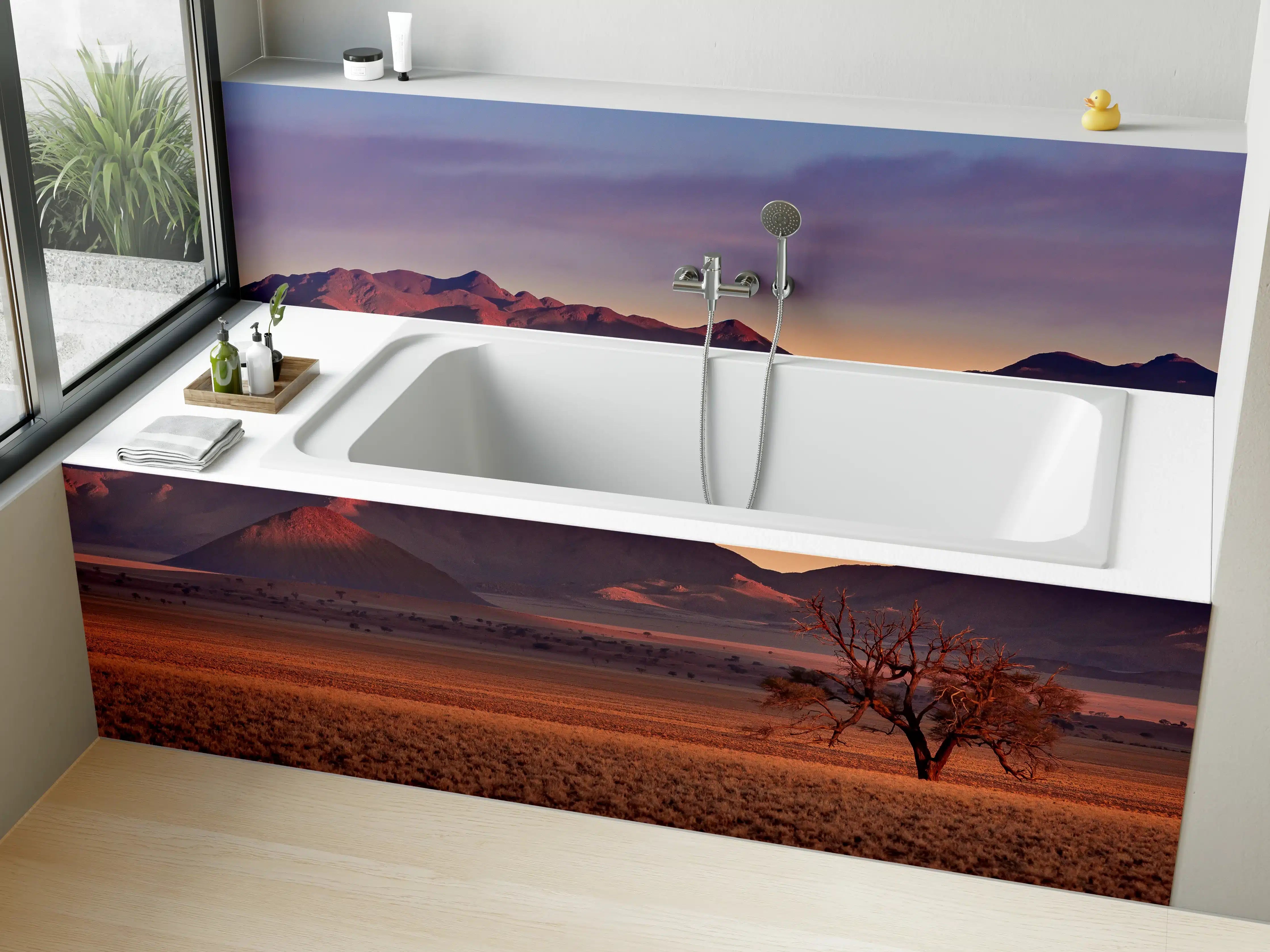 Badewannen-Rückwand - Sonnenuntergang über die Wüste mit einzelner Baum