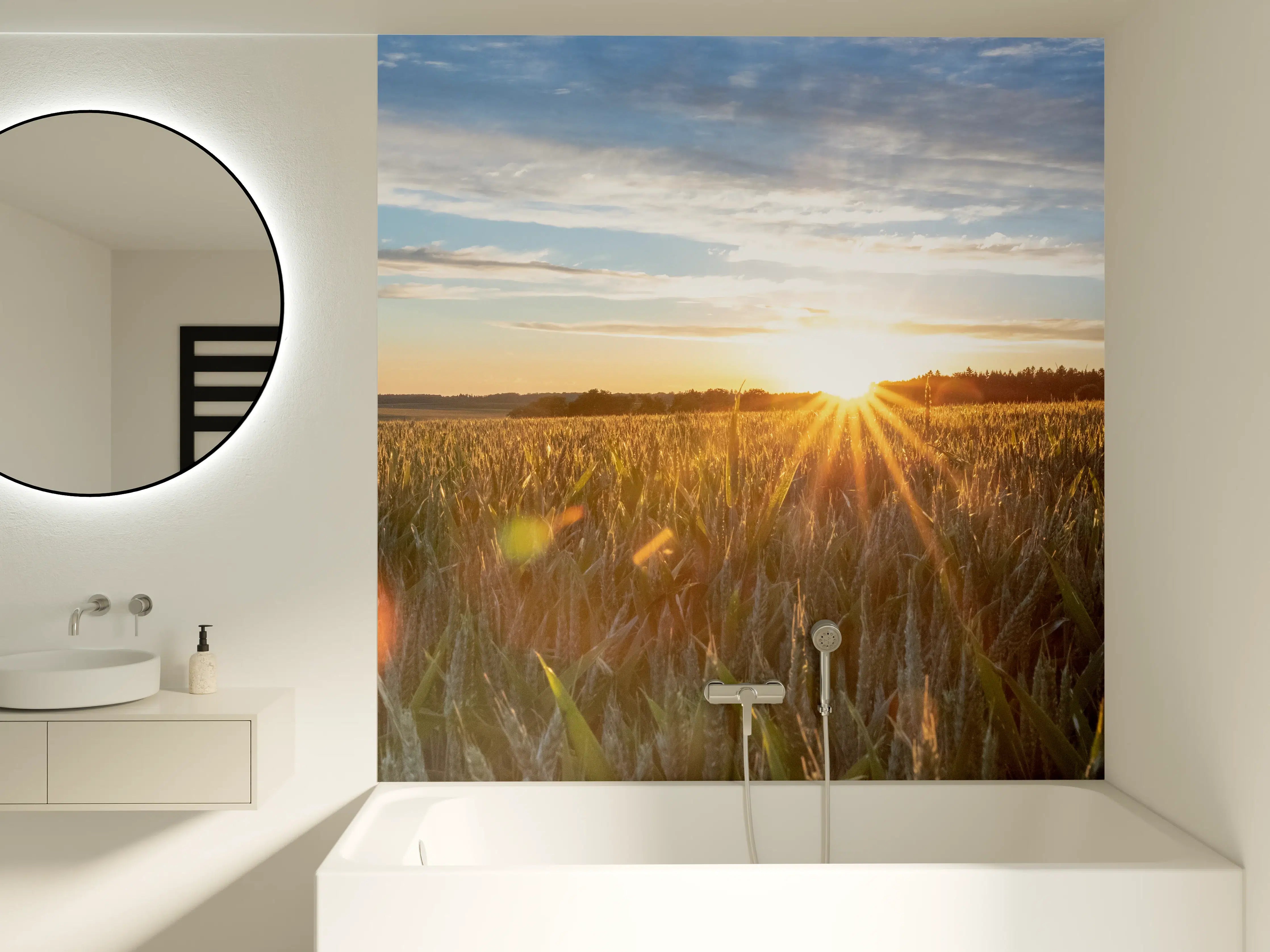 Badewannen-Rückwand - Sonnenuntergang über einem Kornfeld