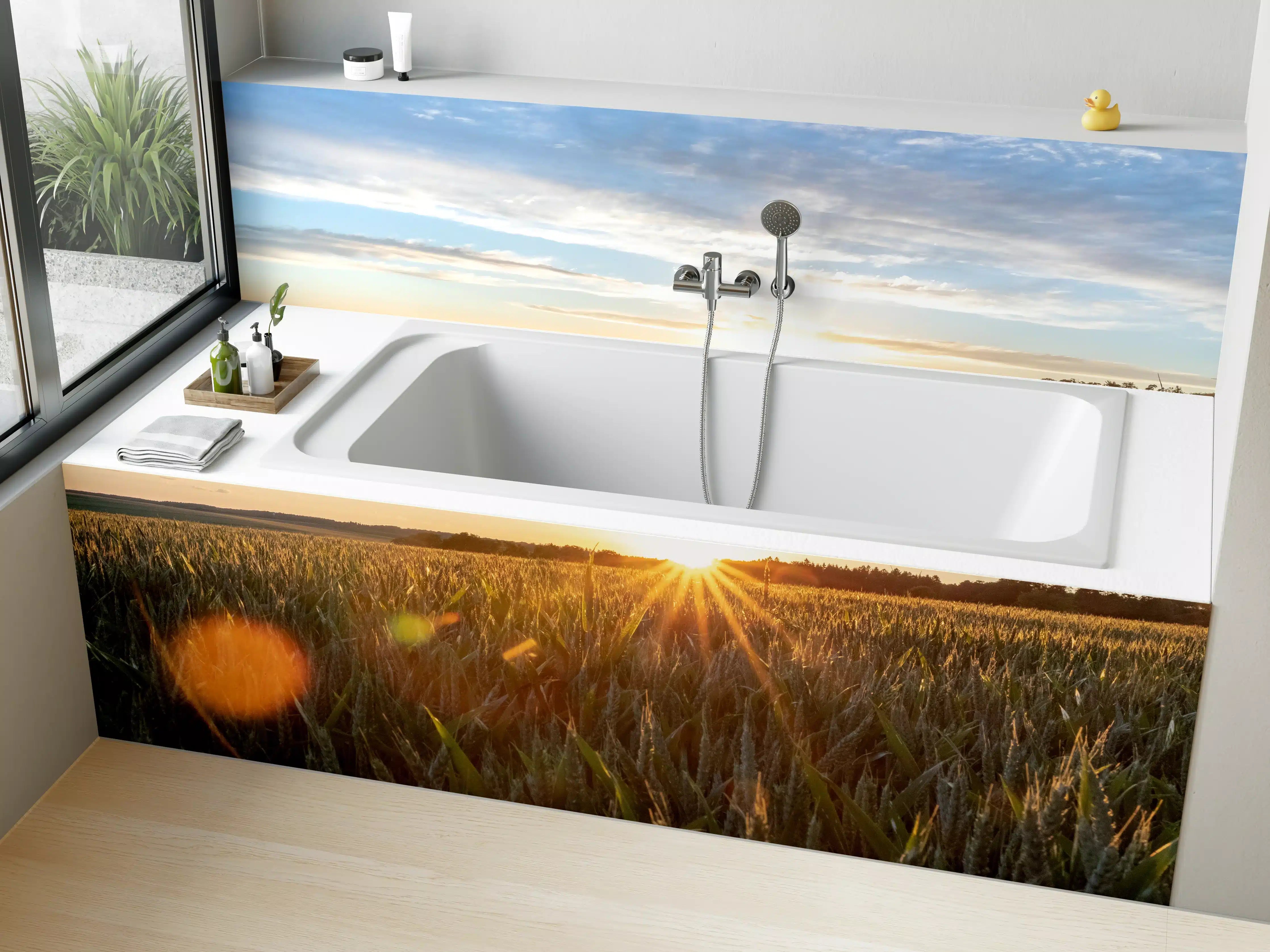 Badewannen-Rückwand - Sonnenuntergang über einem Kornfeld
