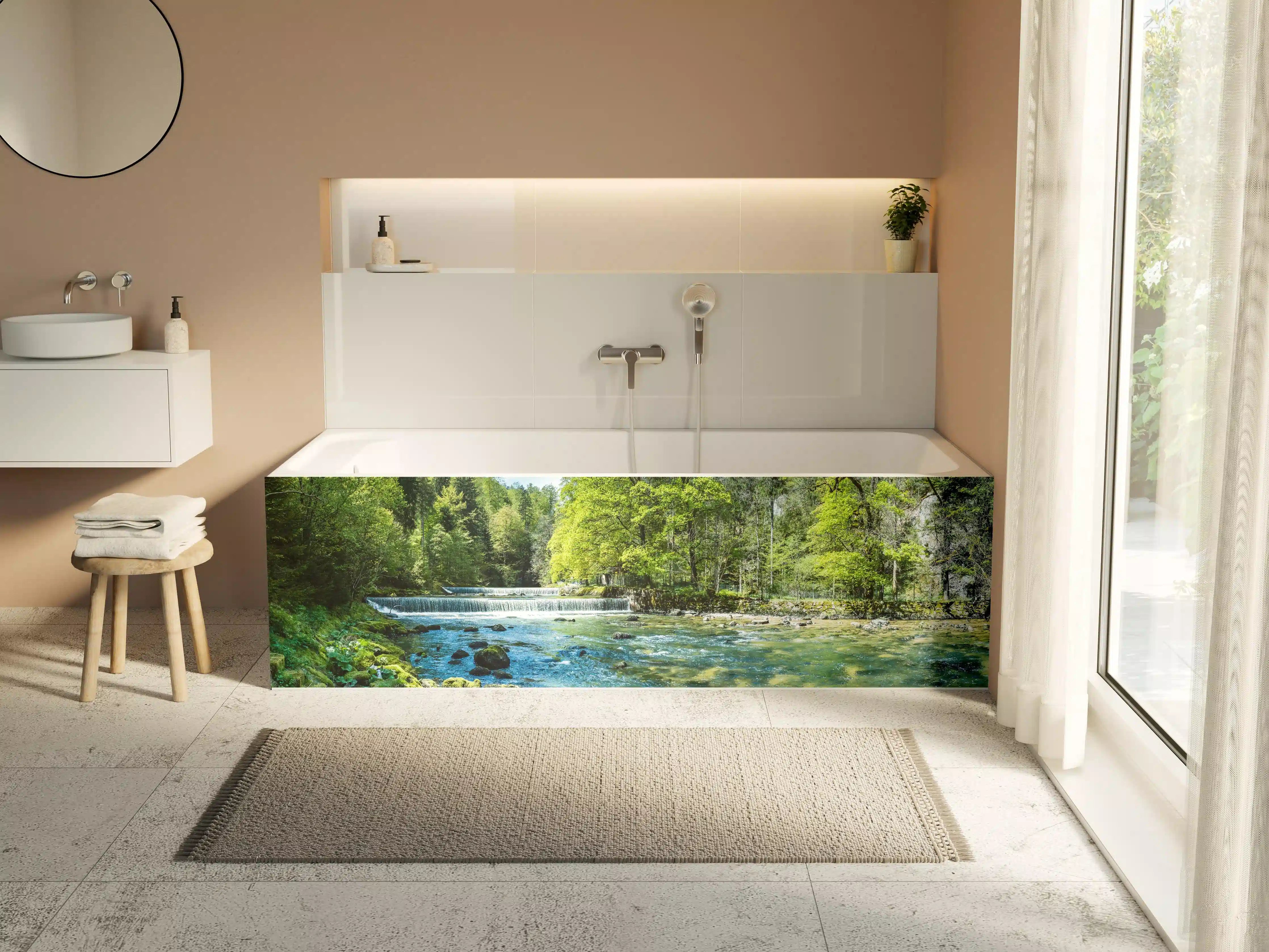 Badewannen-Rückwand - Sonnige Flusslandschaft in der Schweiz