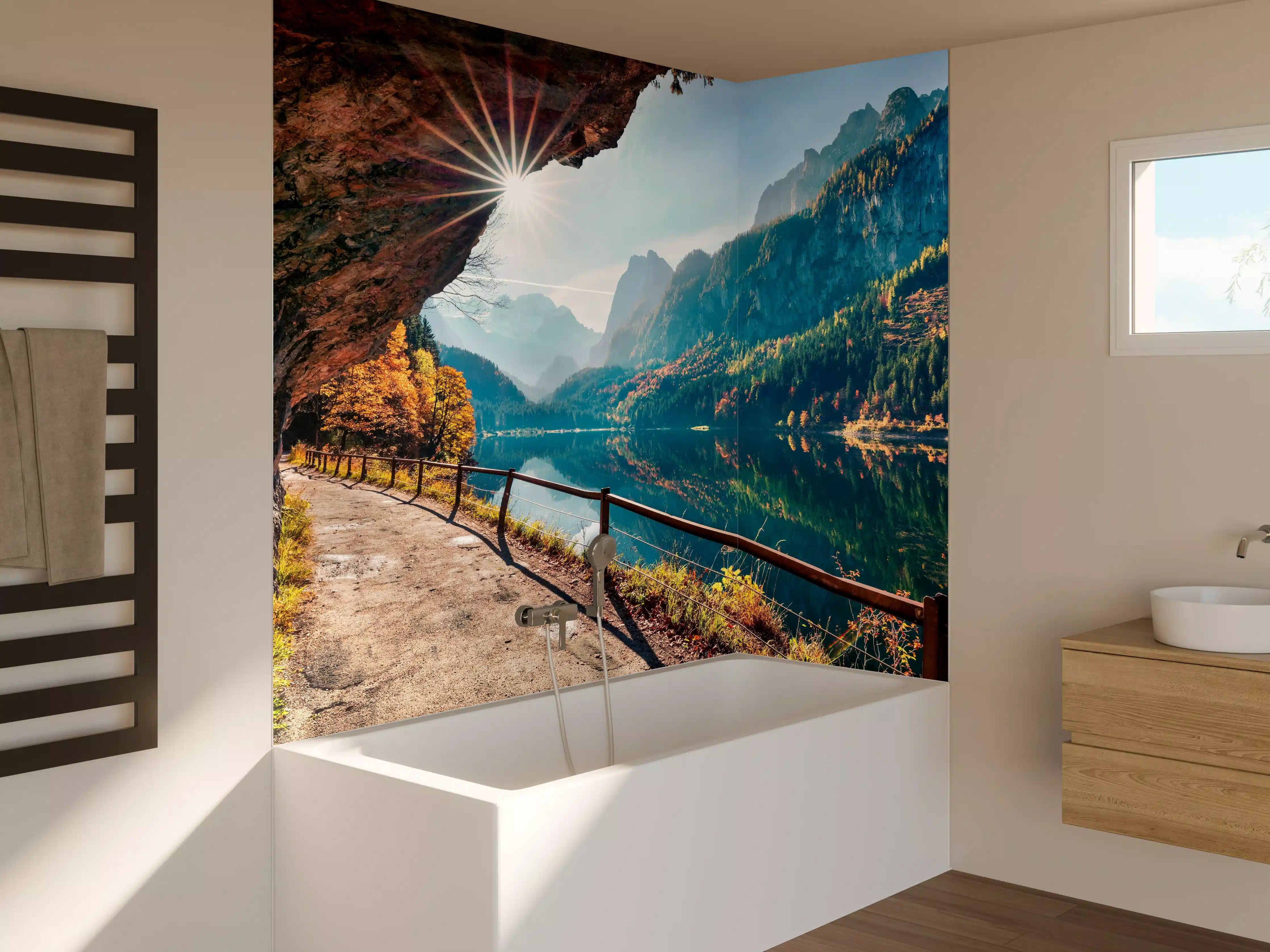 Badewannen-Rückwand - Sonnige Herbstszene am Gosausee