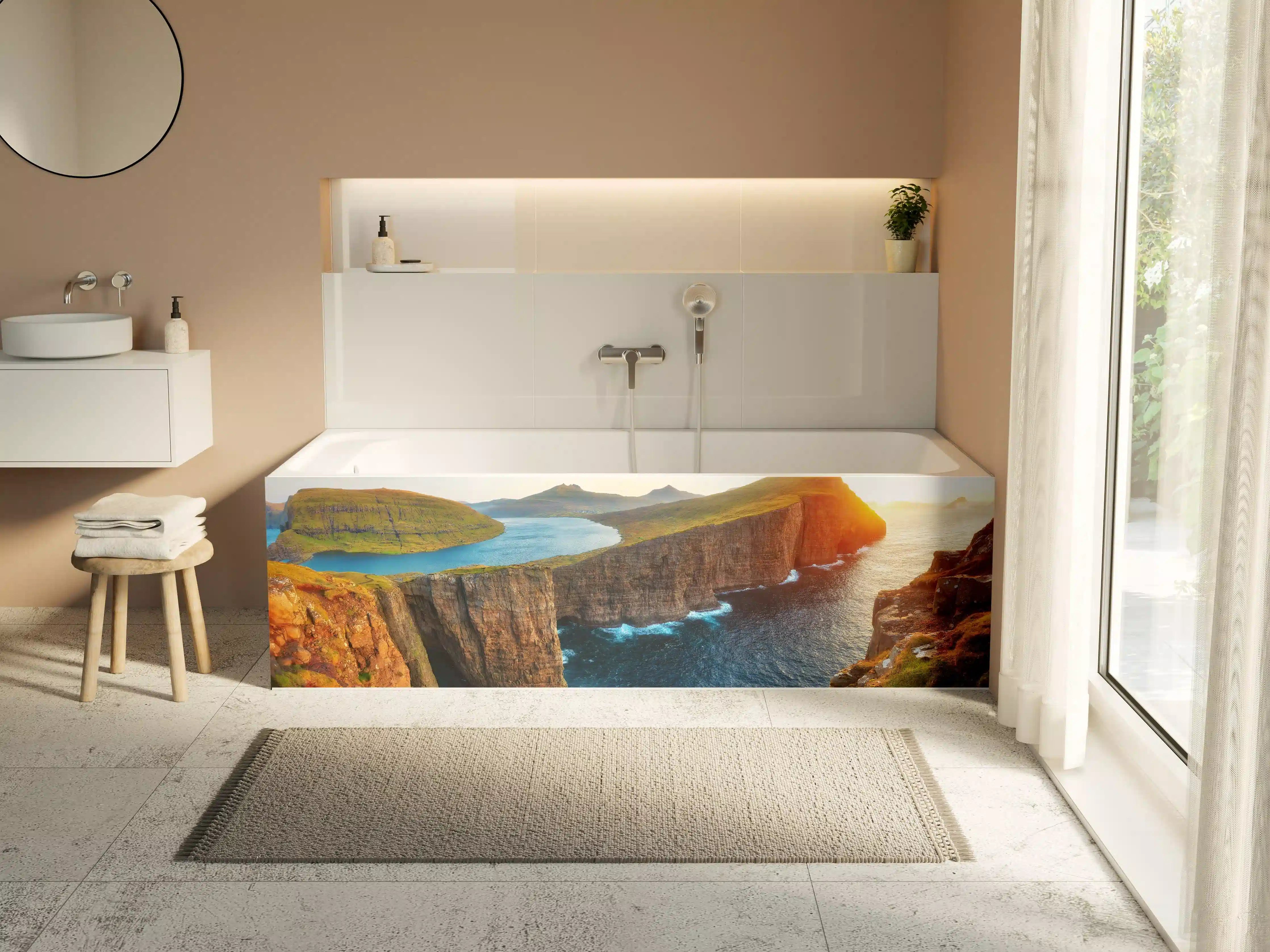 Badewannen-Rückwand - Sorvagsvatn See und mit Wasserfall ins Meer an der Färöer
