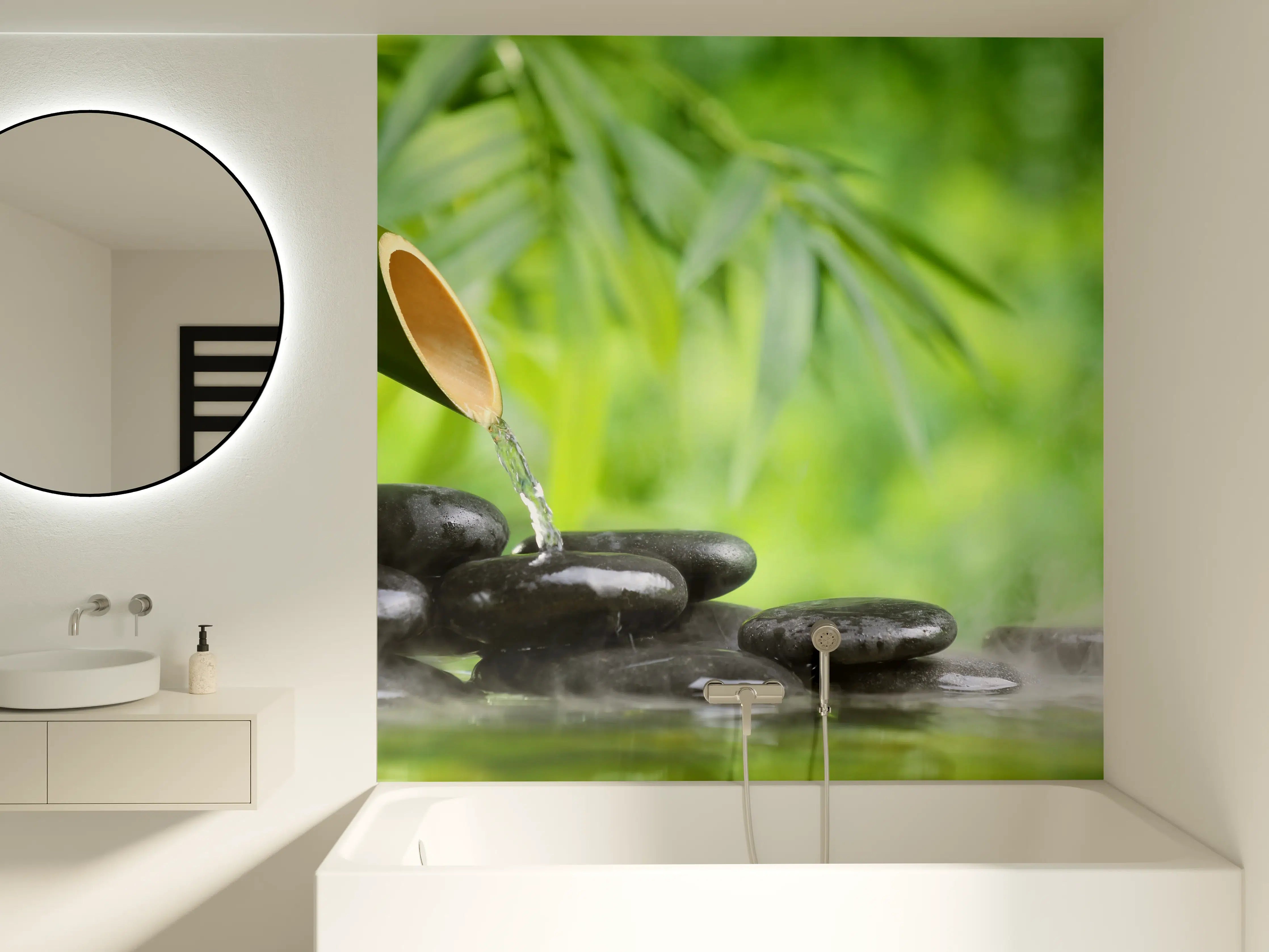 Badewannen-Rückwand - Spa-Stillleben mit Bambusbrunnen