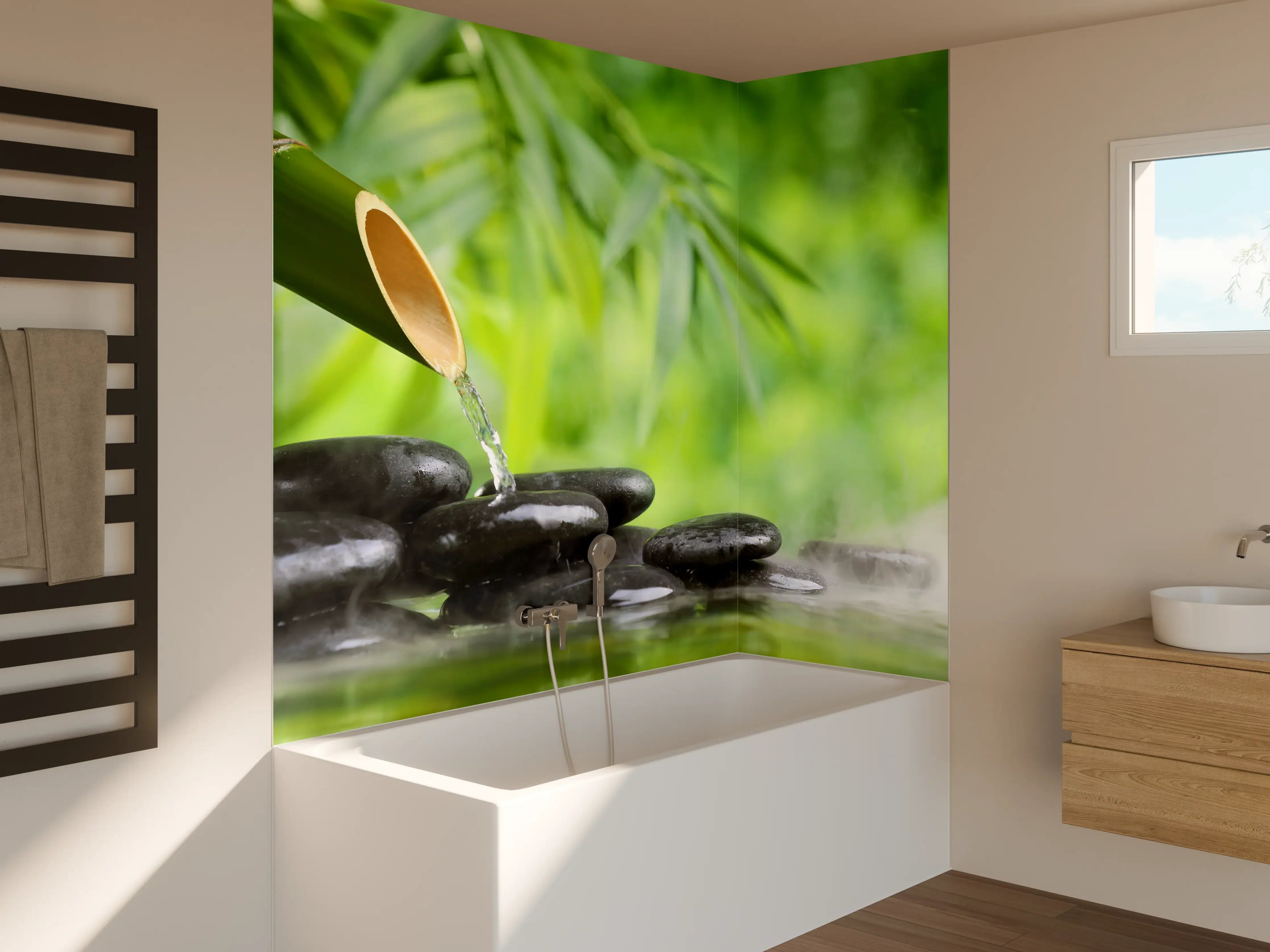Badewannen-Rückwand - Spa-Stillleben mit Bambusbrunnen
