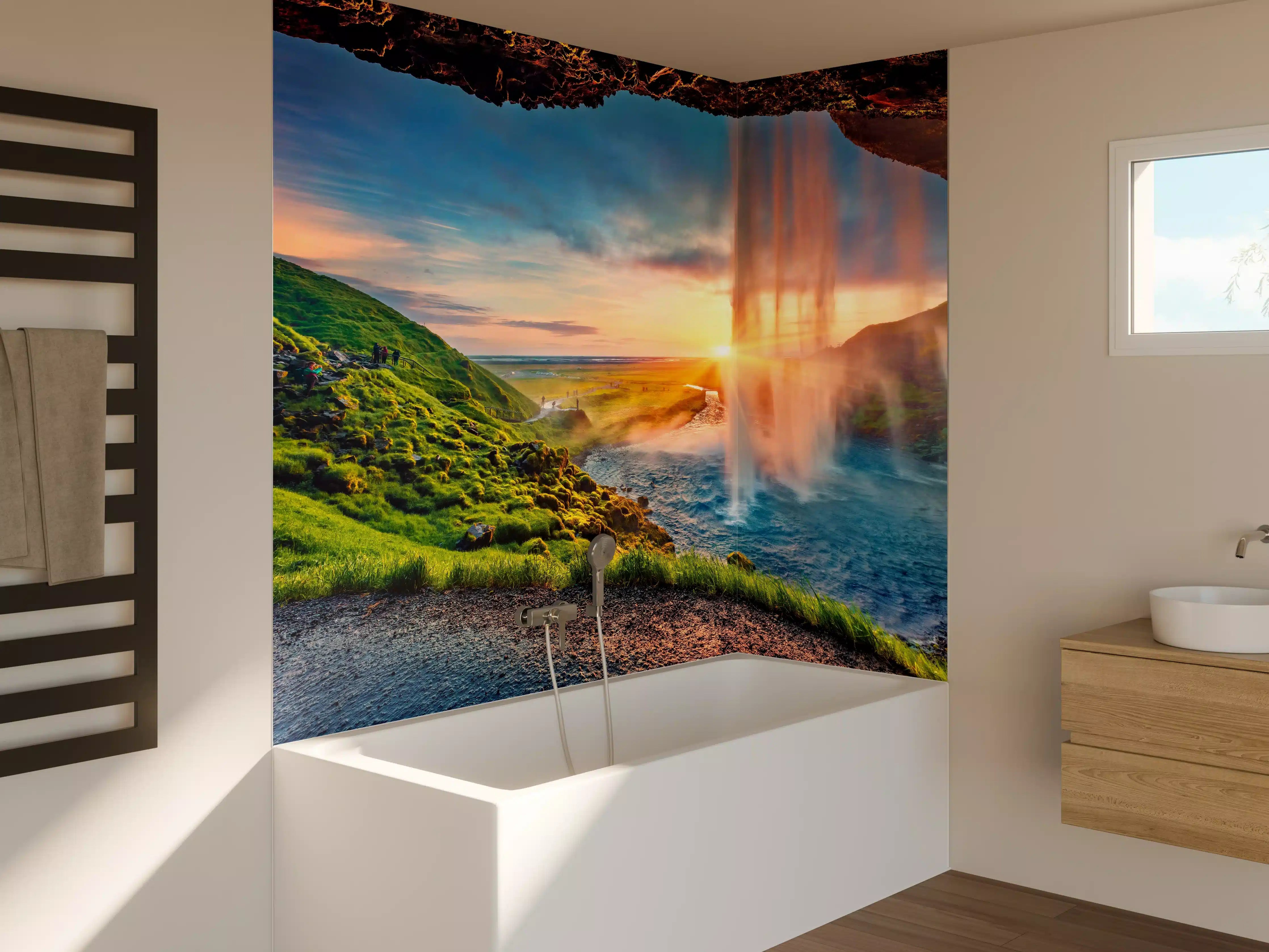 Badewannen-Rückwand - Spektakulärer Sonnenuntergang am Wasserfall Seljalandsfoss