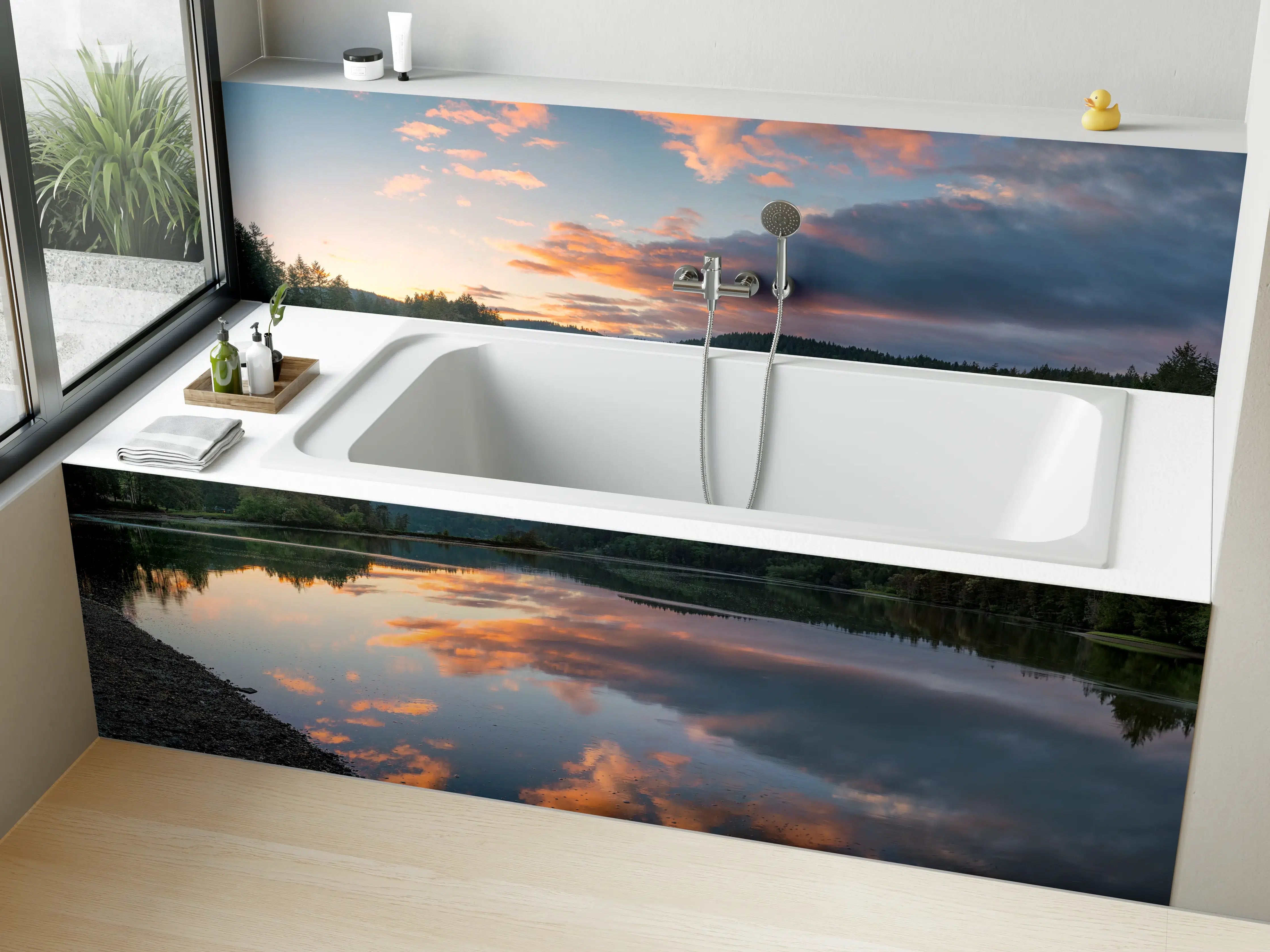 Badewannen-Rückwand - Spiegelnder See im Sonnenuntergang