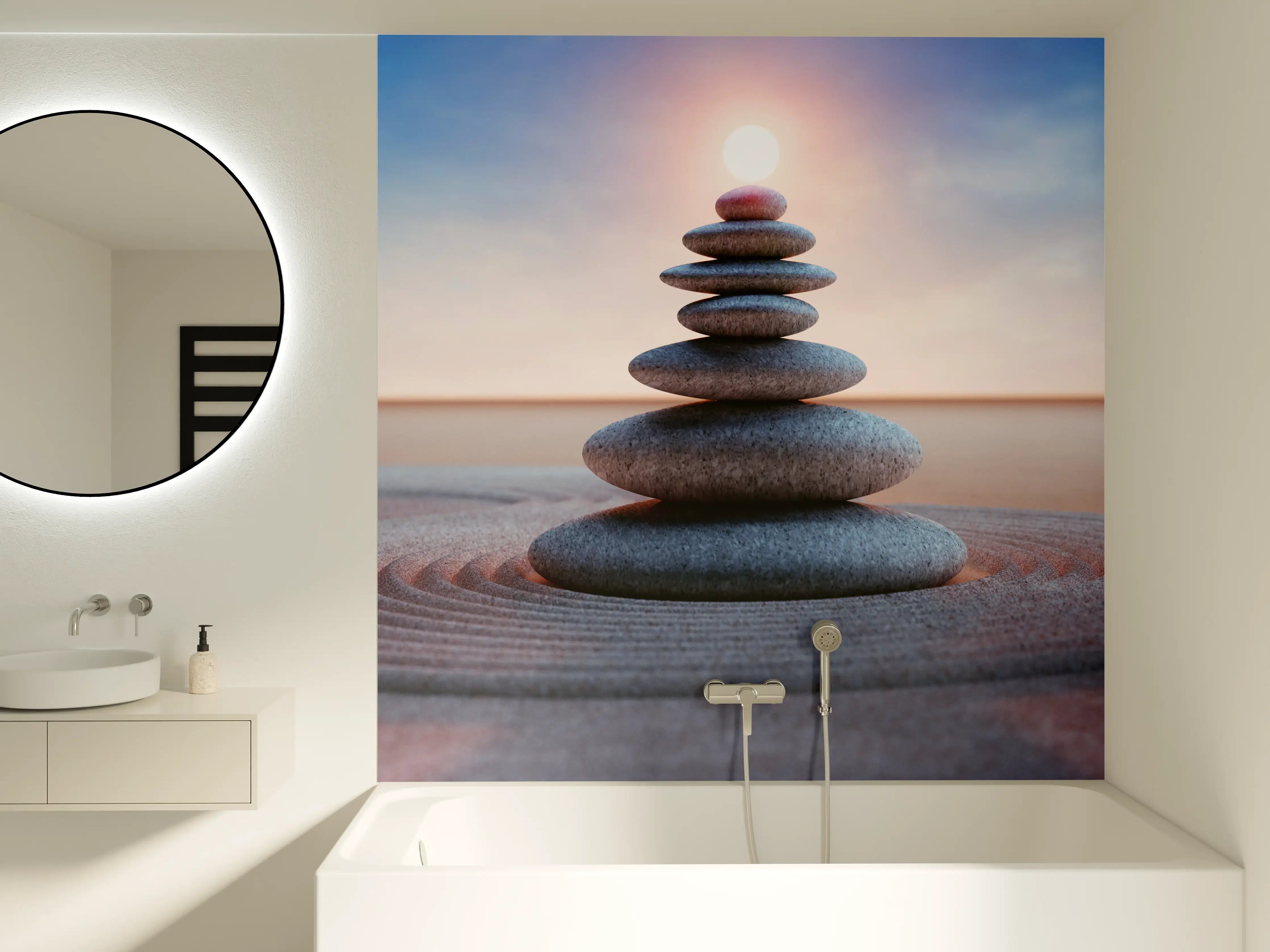 Badewannen-Rückwand - Spiritueller Steinturm mit Sonne