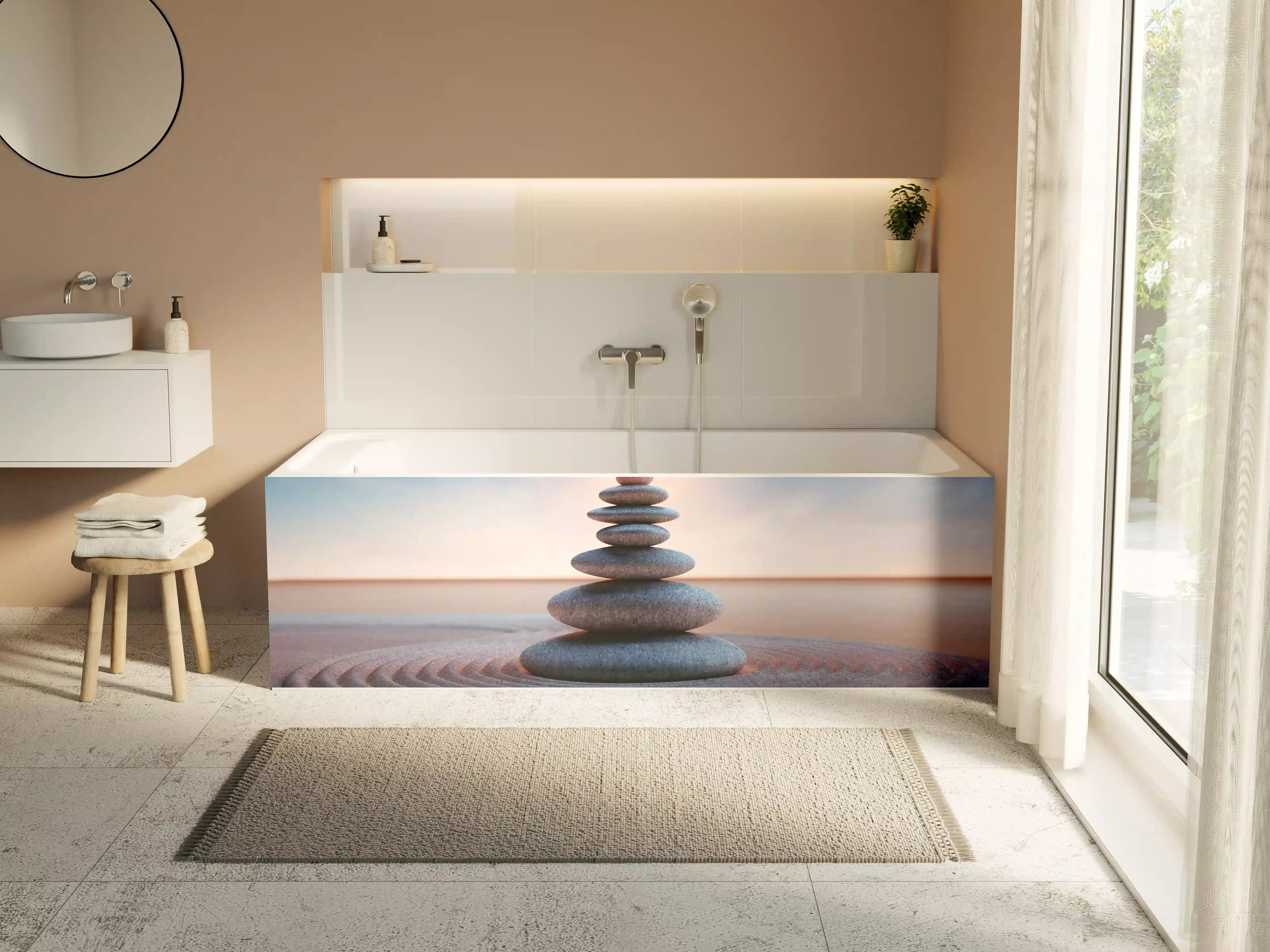 Badewannen-Rückwand - Spiritueller Steinturm mit Sonne