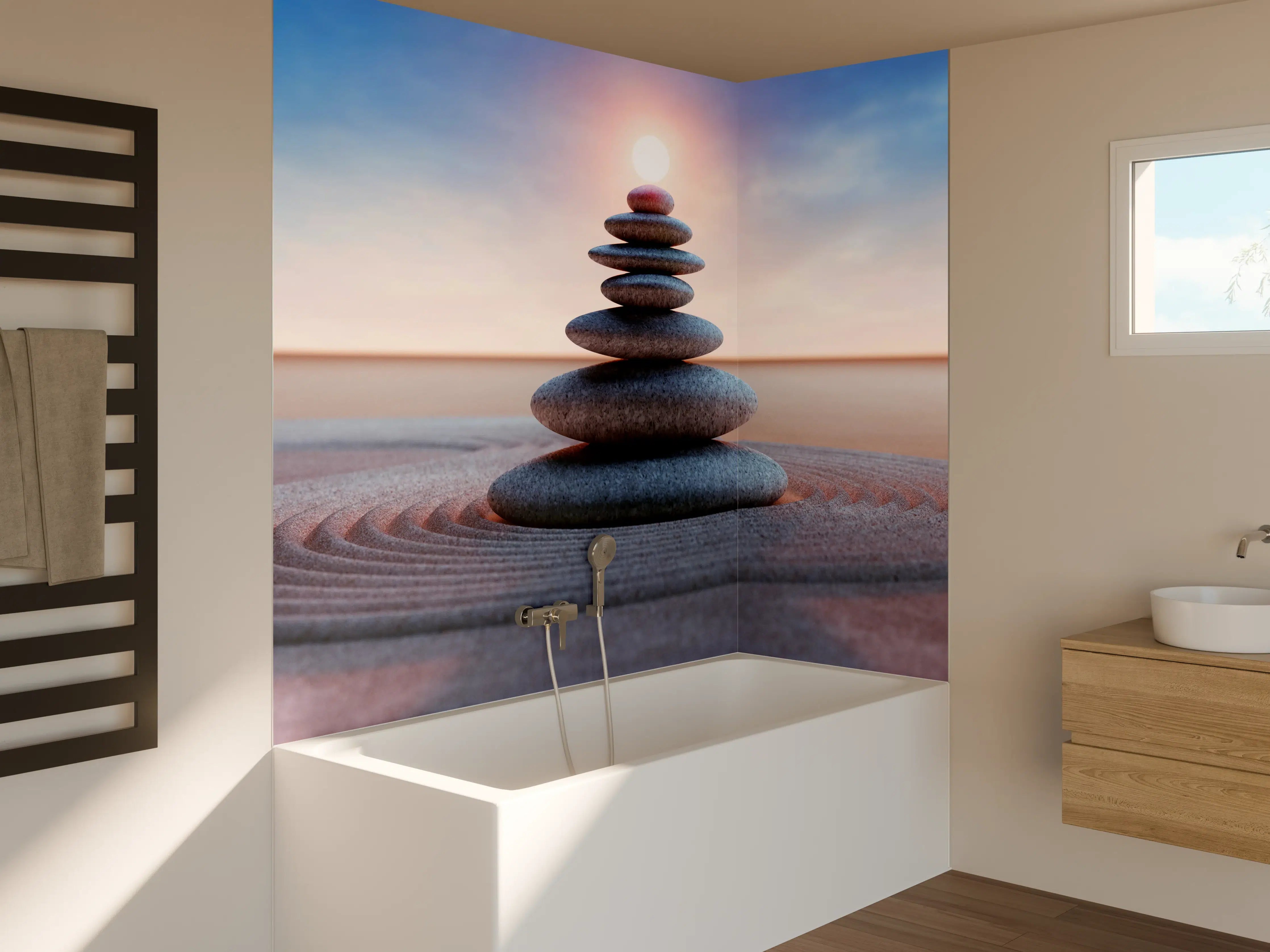 Badewannen-Rückwand - Spiritueller Steinturm mit Sonne