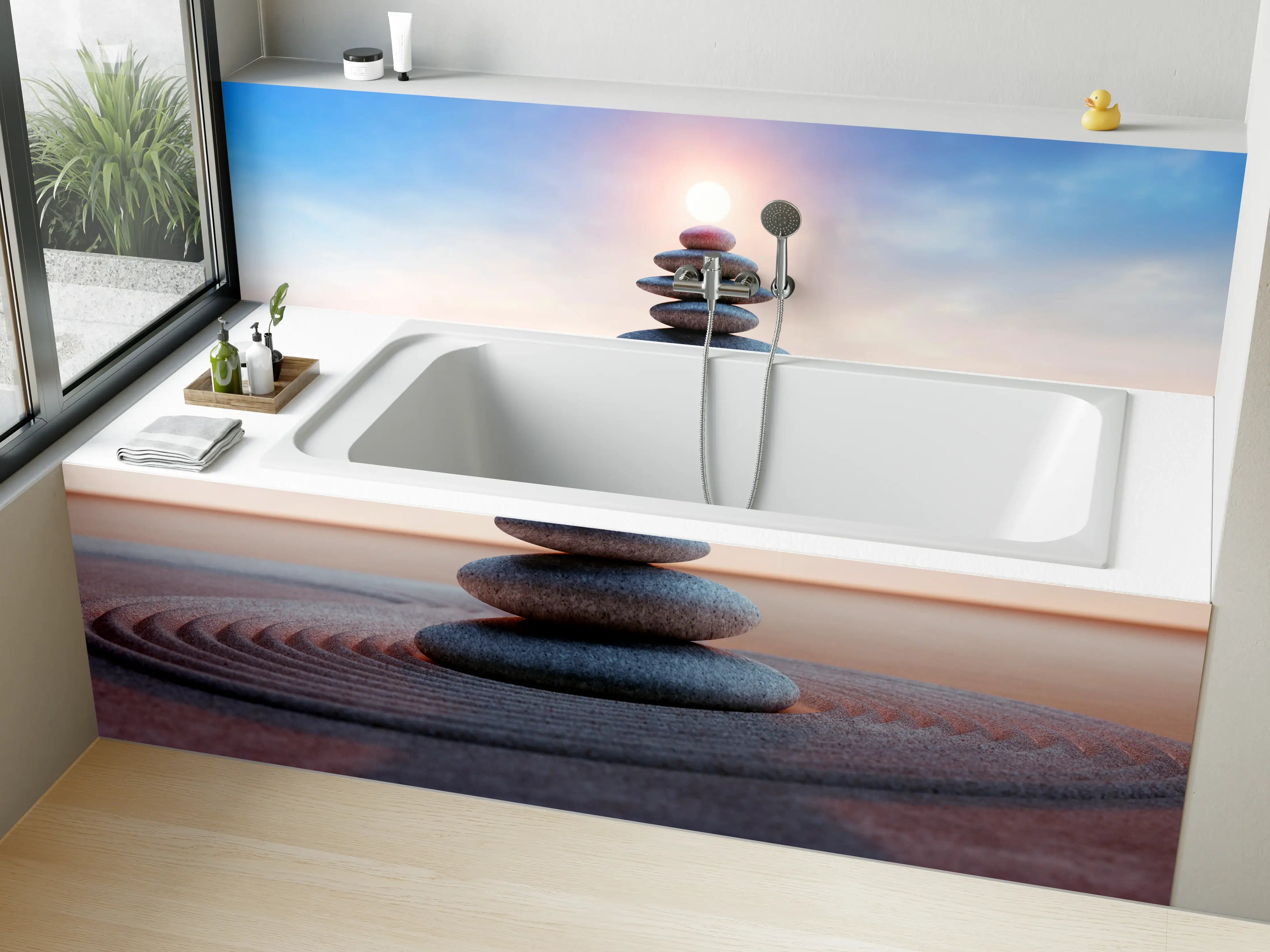 Badewannen-Rückwand - Spiritueller Steinturm mit Sonne