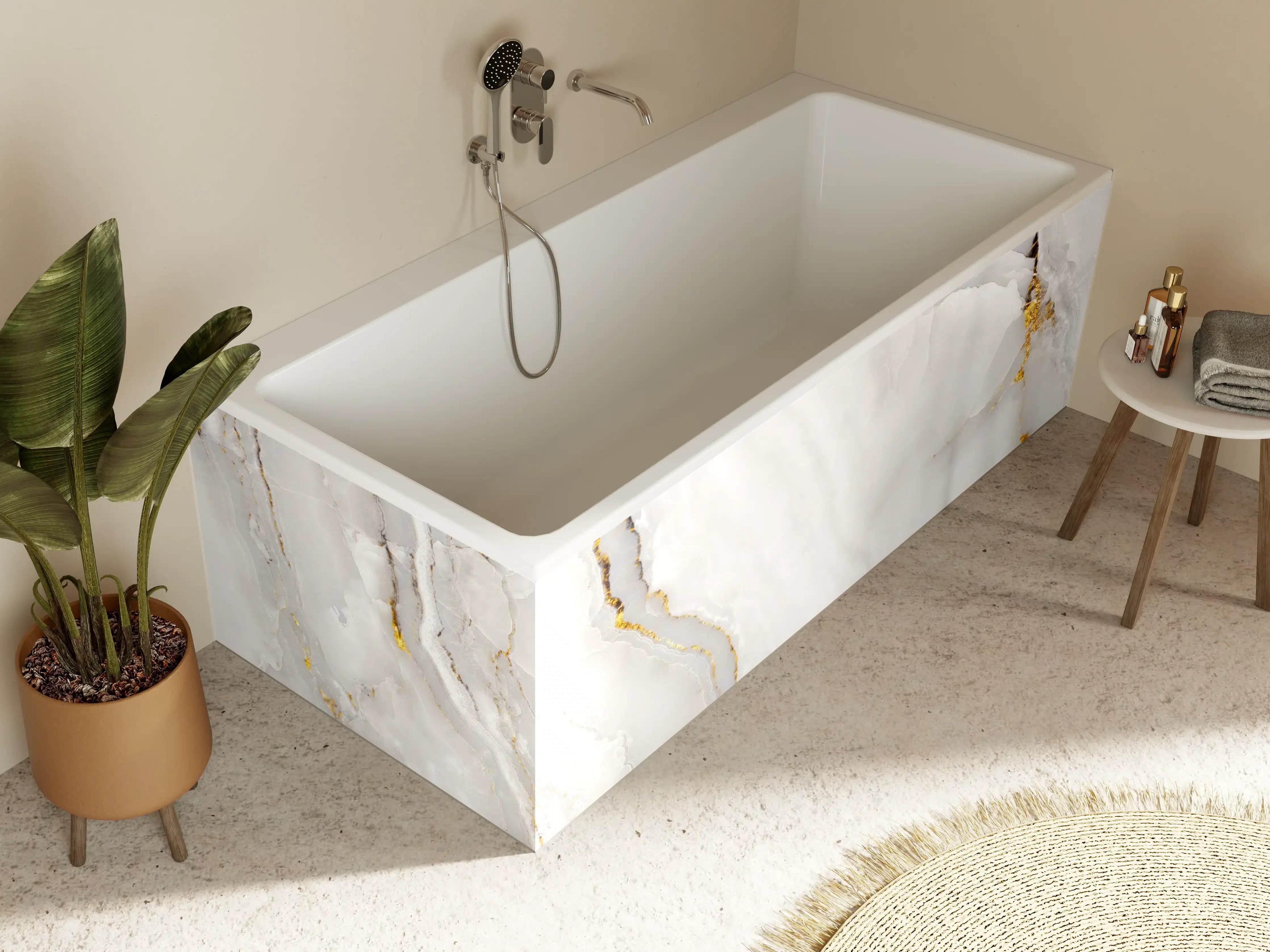 Badewannen-Rückwand - Statuario Marmor mit goldenen Akzenten