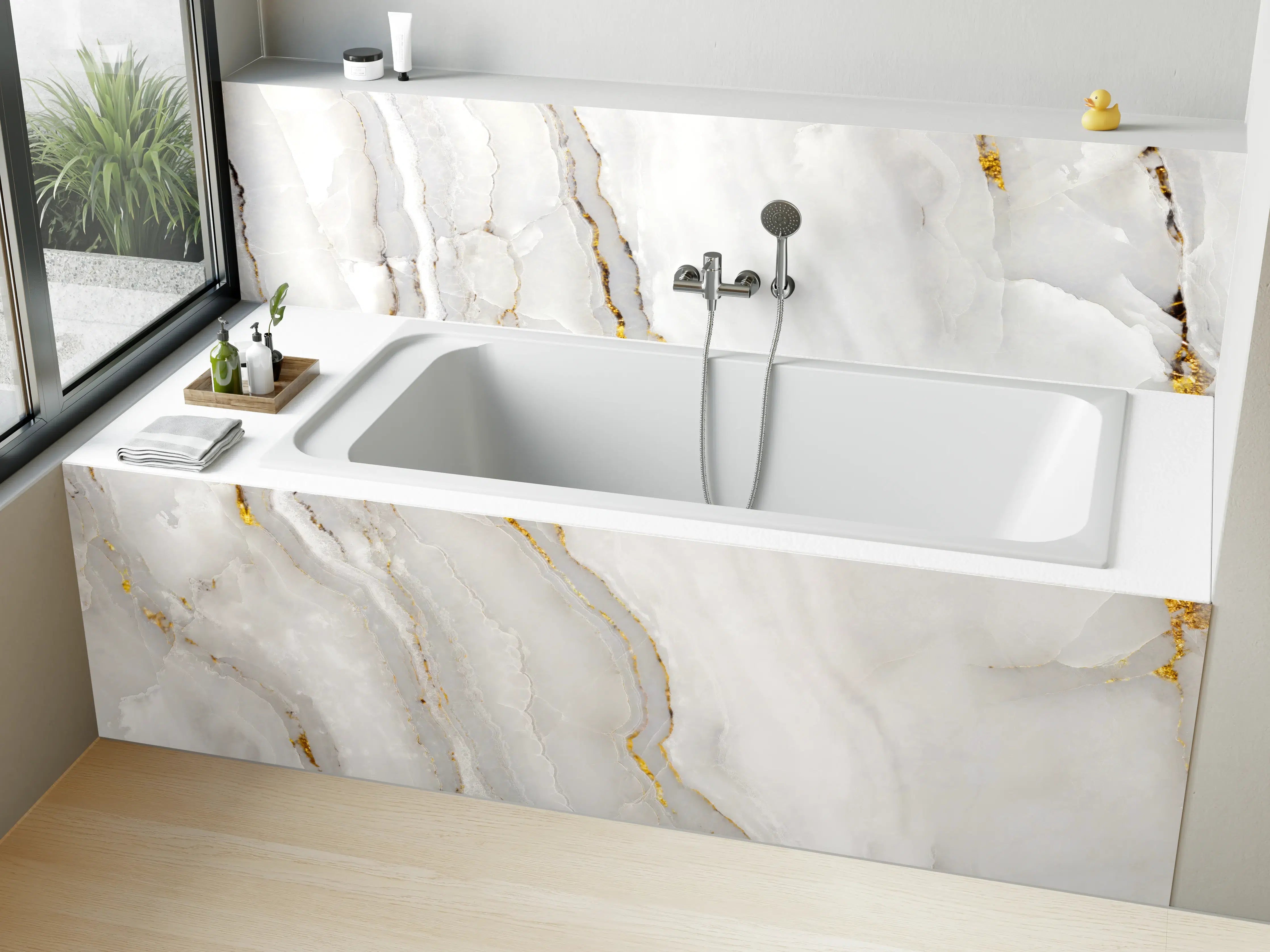 Badewannen-Rückwand - Statuario Marmor mit goldenen Akzenten