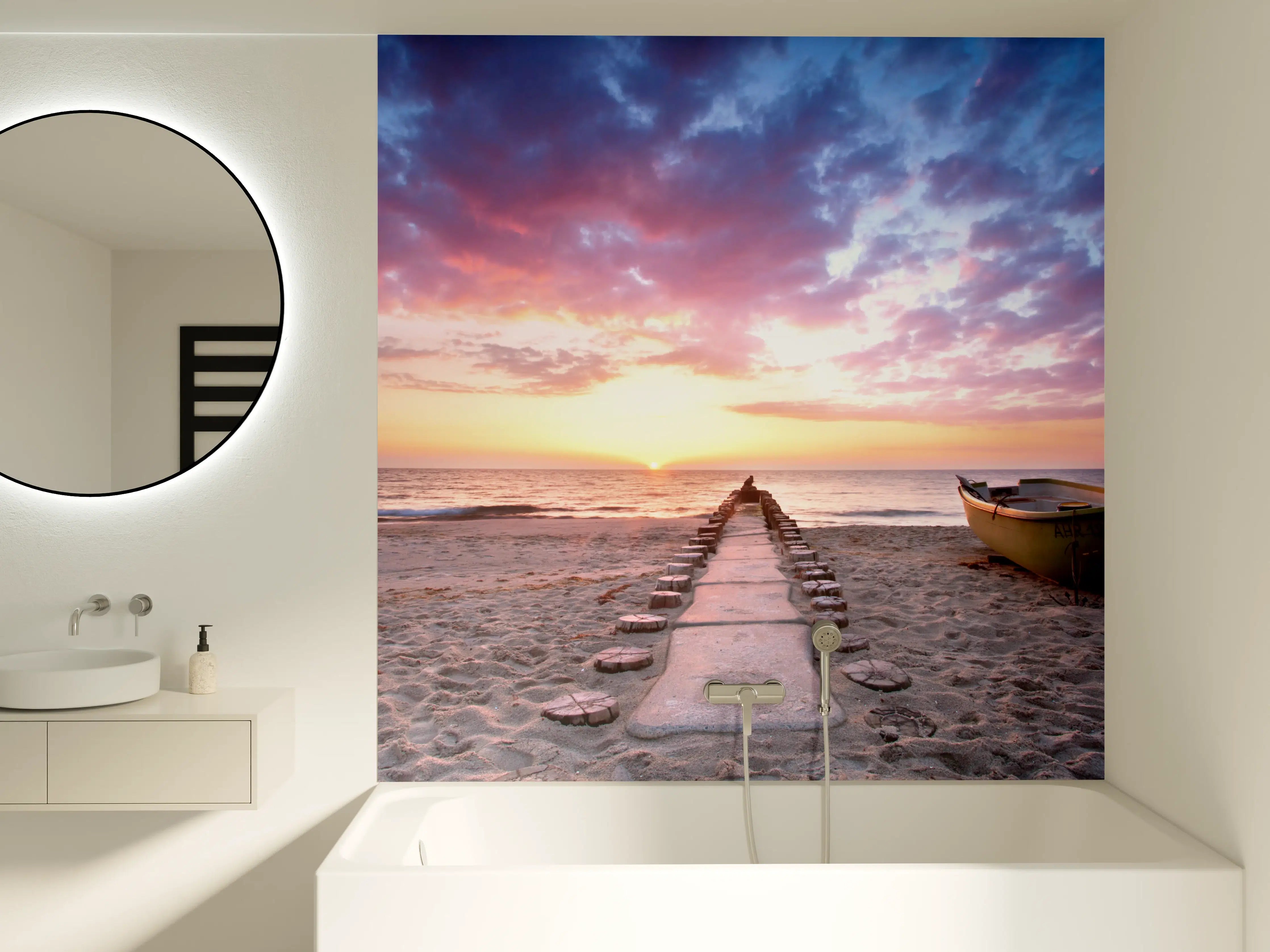 Badewannen-Rückwand - Steg ins Meer bei Abendsonne