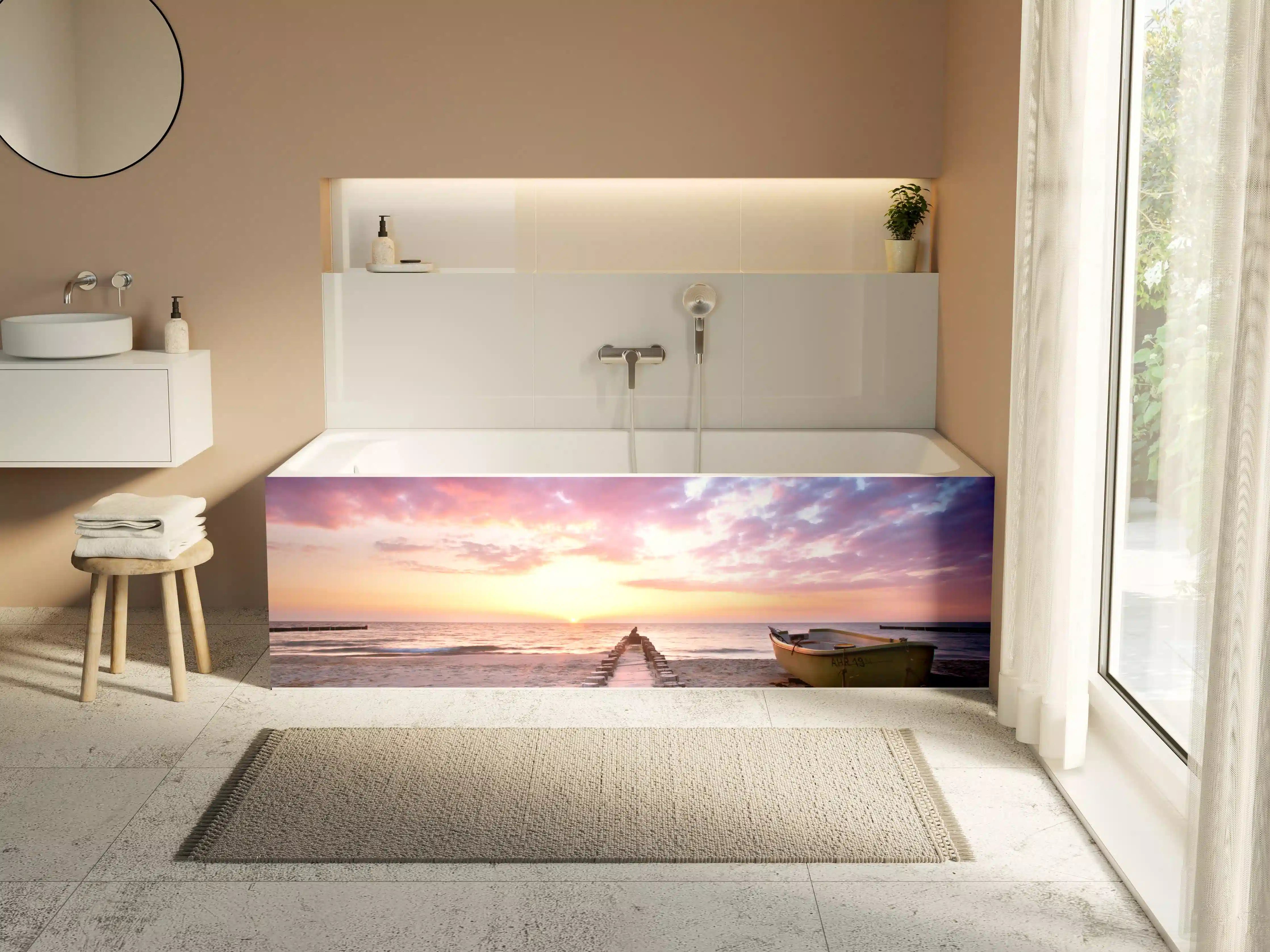 Badewannen-Rückwand - Steg ins Meer bei Abendsonne