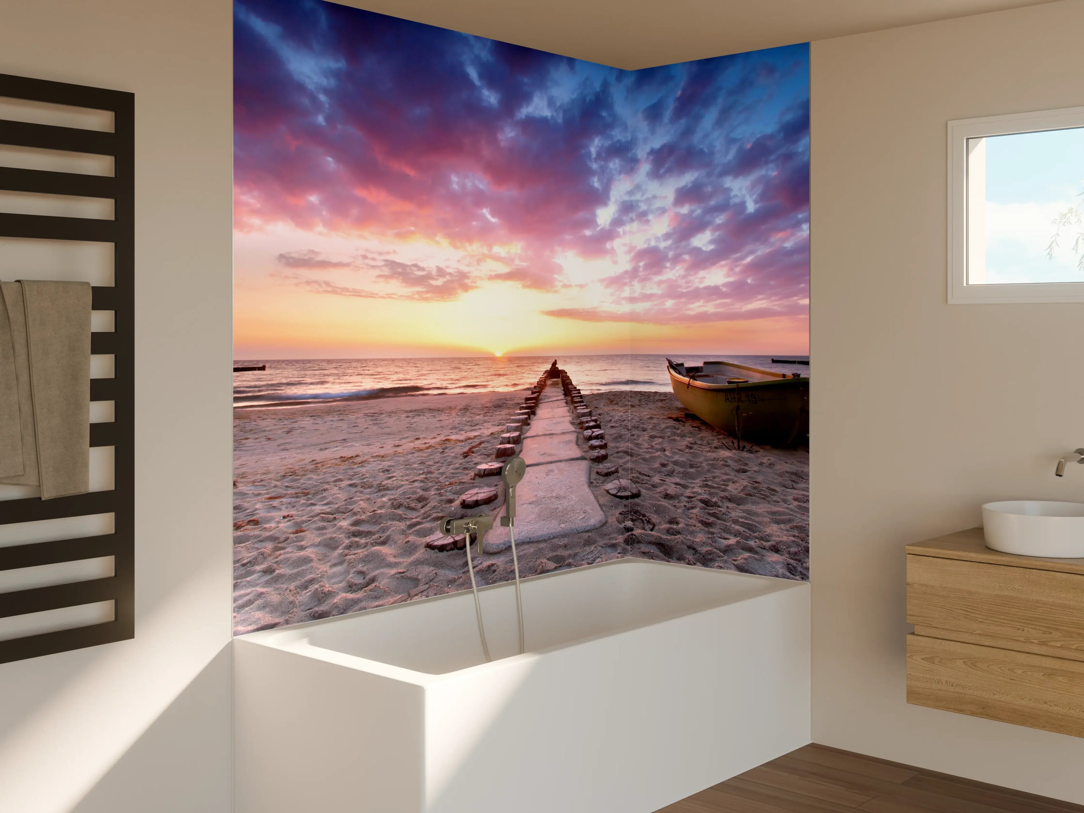 Badewannen-Rückwand - Steg ins Meer bei Abendsonne