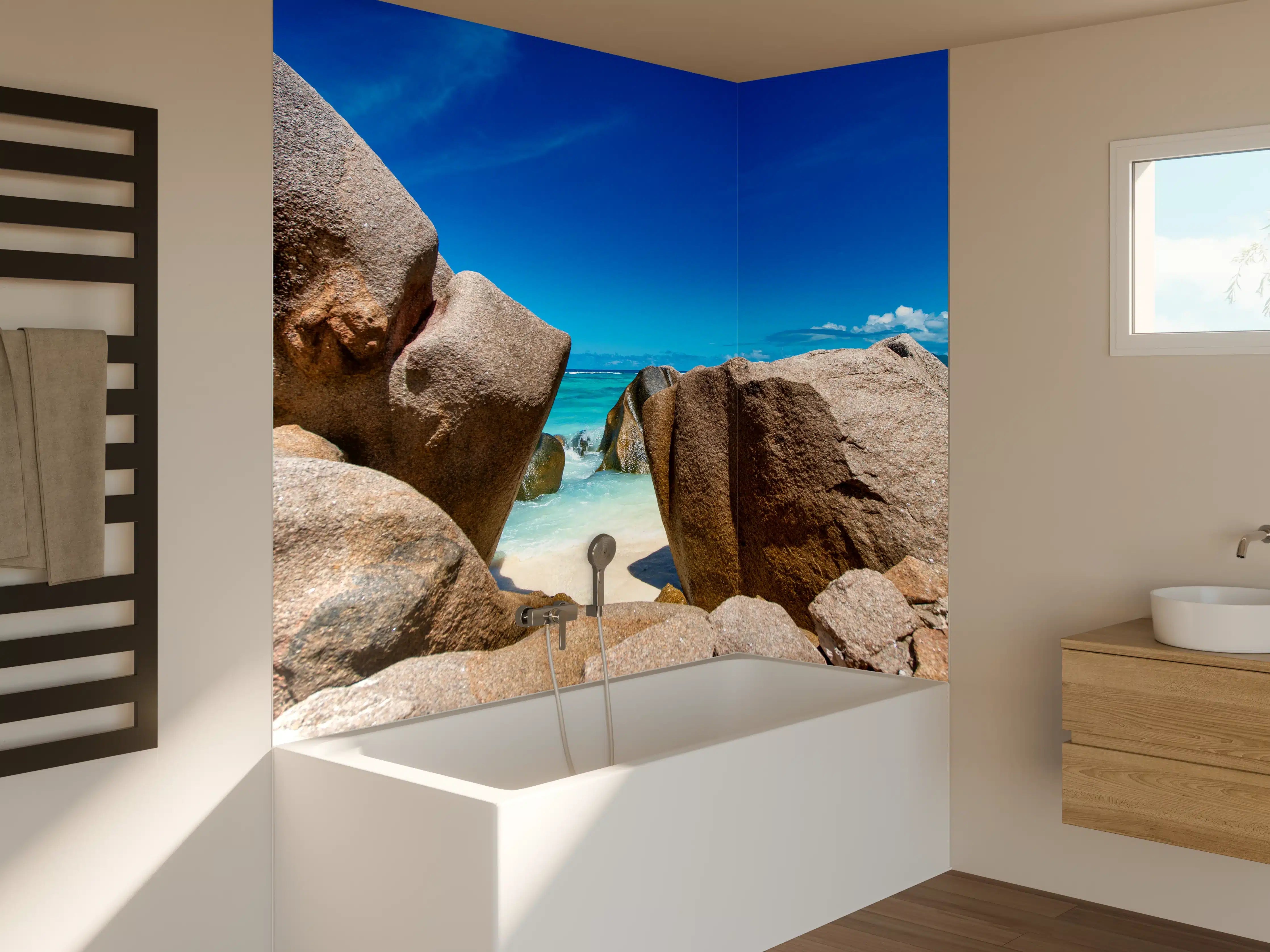 Badewannen-Rückwand - Stein-Panorama auf den Seychellen