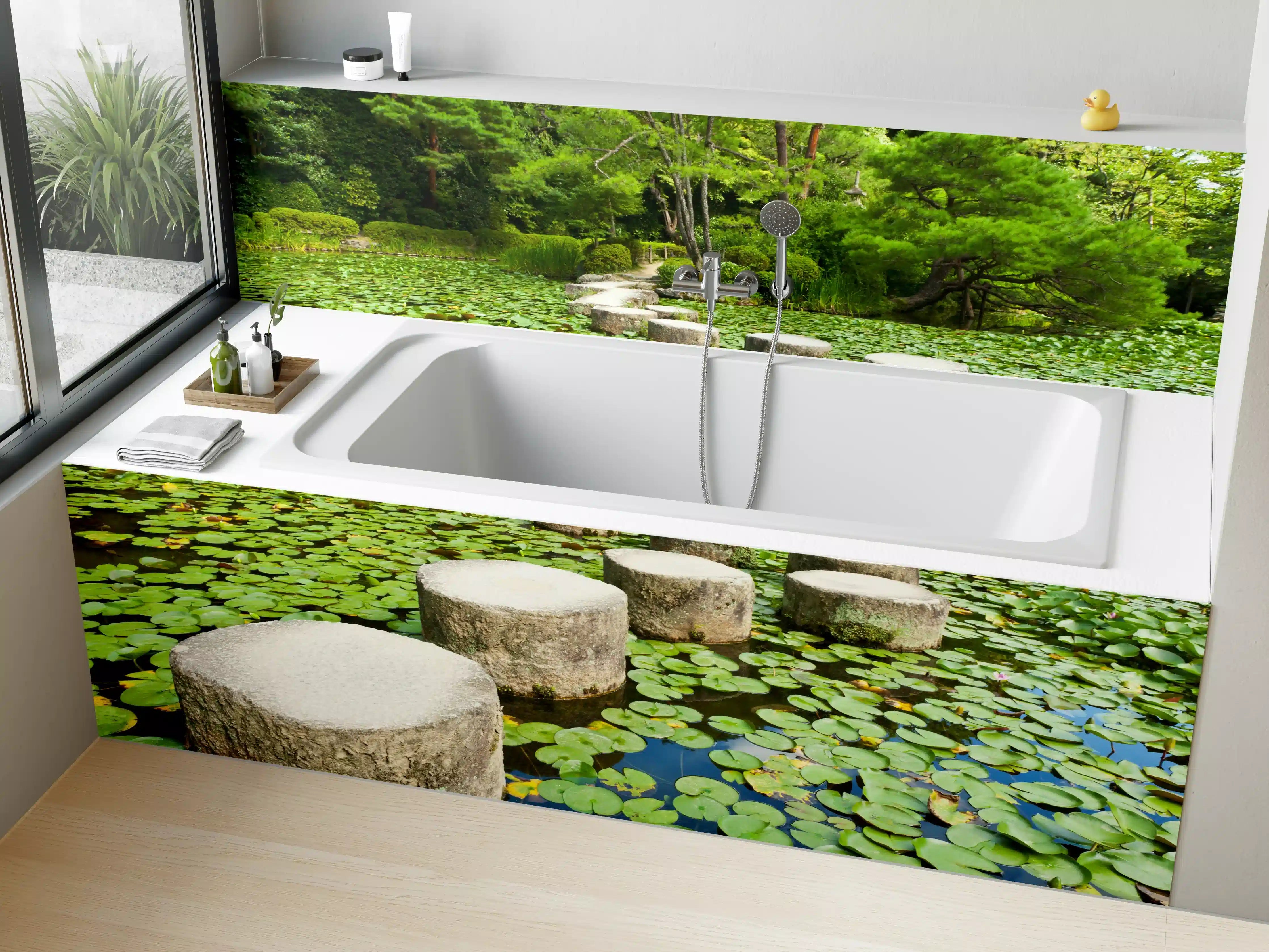 Badewannen-Rückwand - Stein-Zen-Pfad umhüllt von Wasserpflanzen