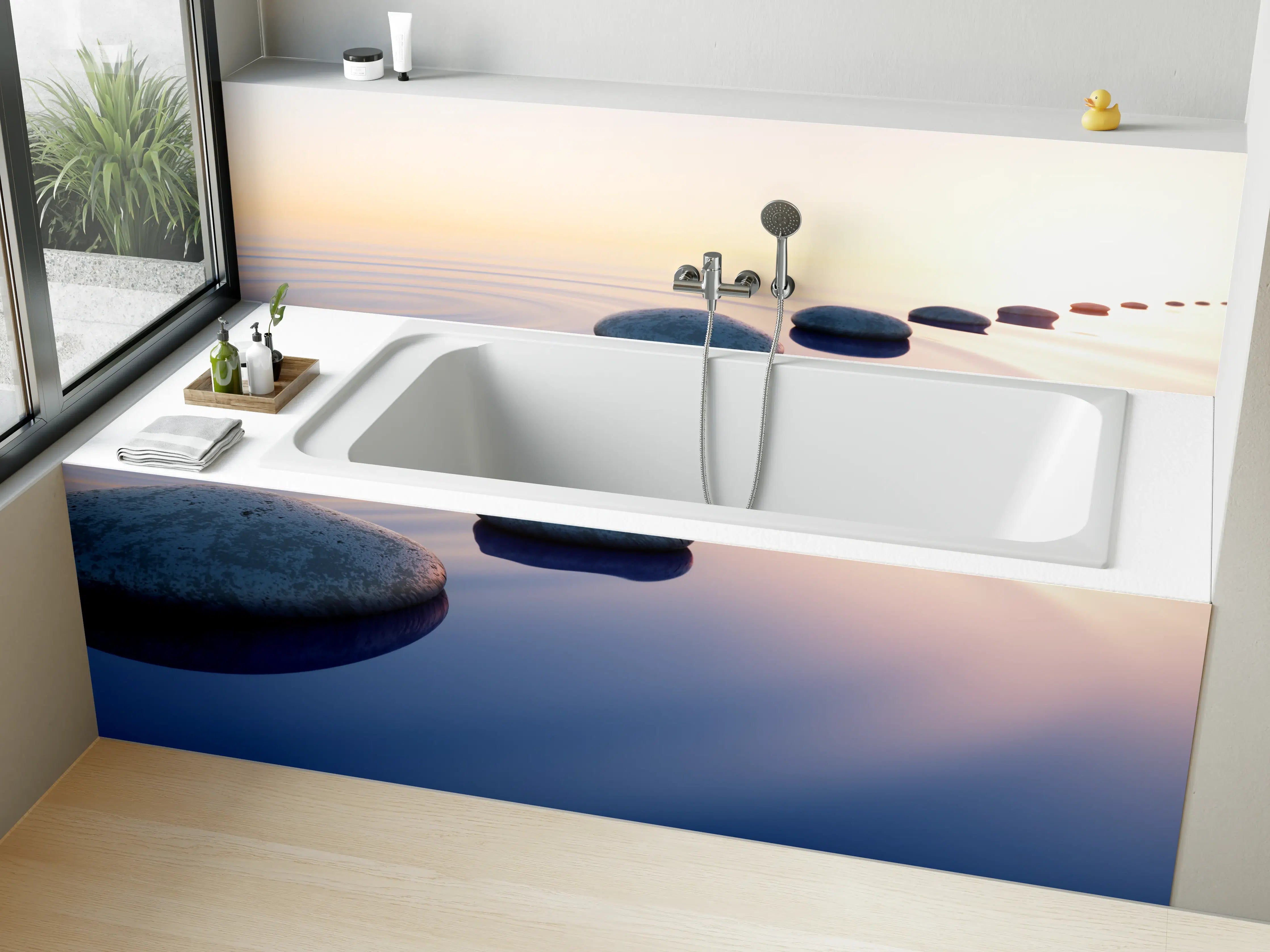 Badewannen-Rückwand - Steine im See bei Sonnenaufgang