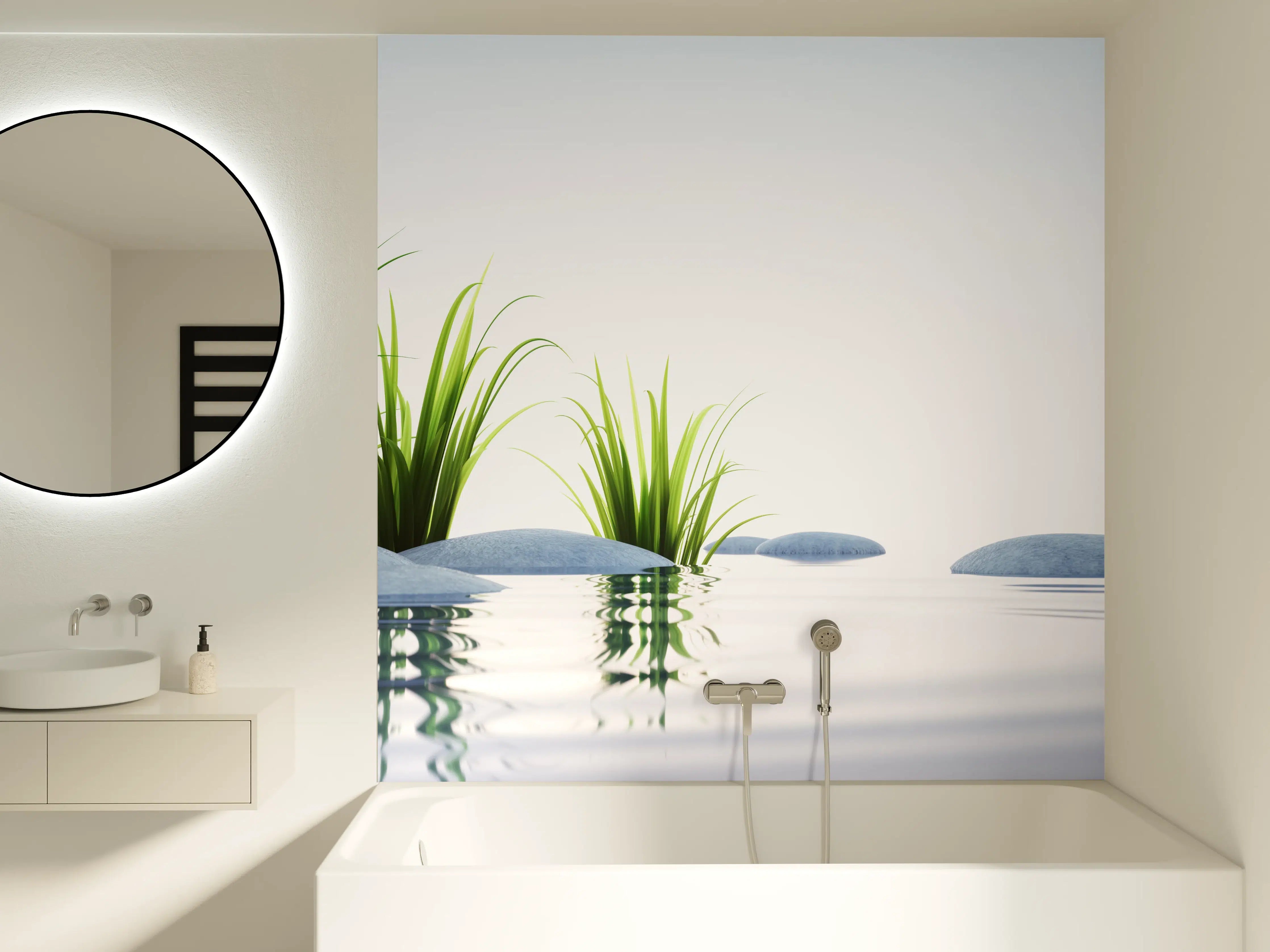 Badewannen-Rückwand - Steine und Gras im See Querformat